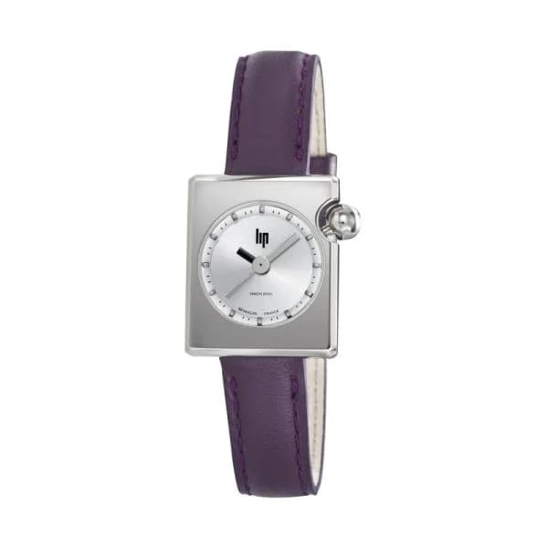 Daniel Gérard Montre LIP Mach 2000 Mini Square Quartz Cadran Argenté Bracelet Cuir Violet
