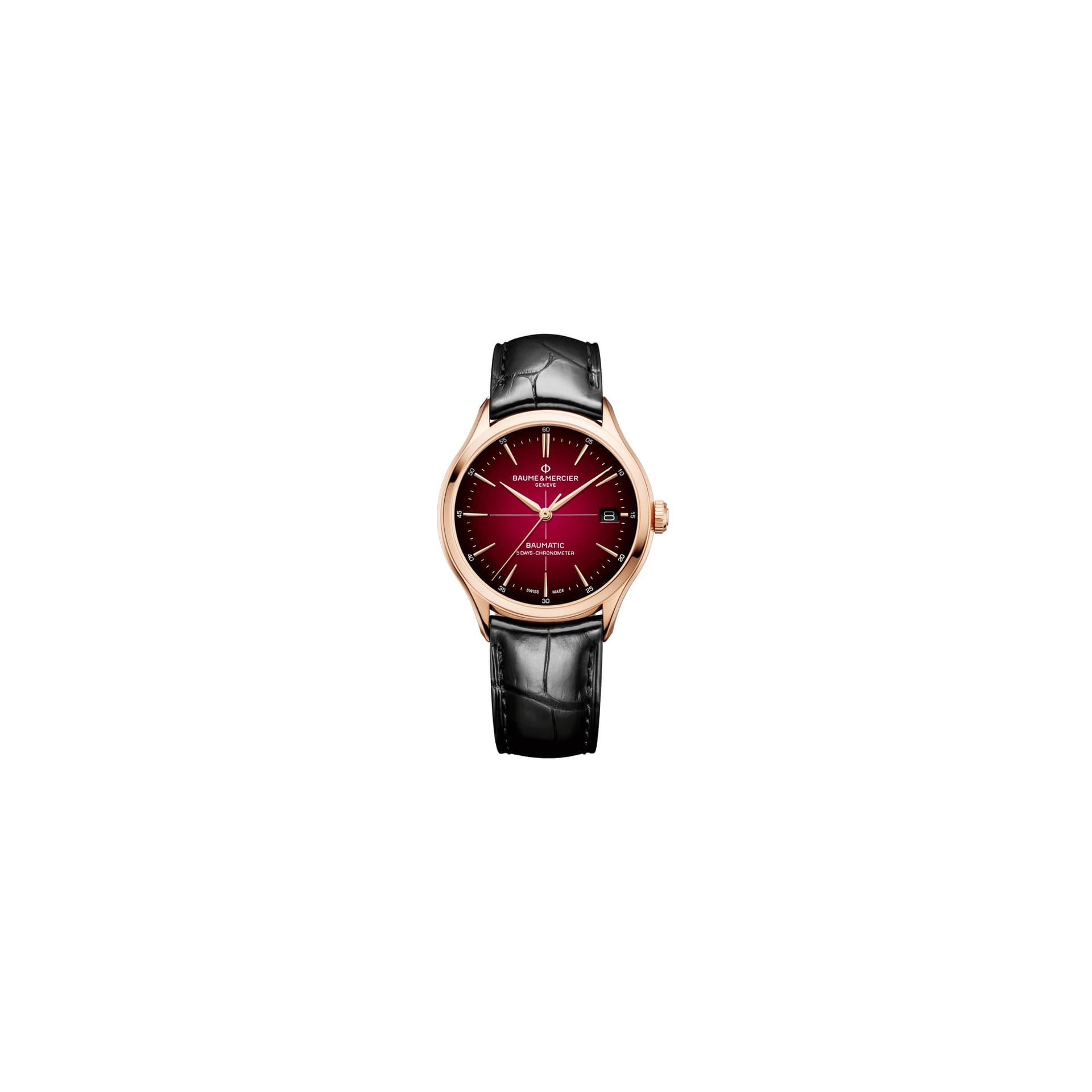 Baume & Mercier Montre Baume et Mercier Clifton Baumatic Or rose automatique cadran bordeaux bracelet cuir noir 39 mm
