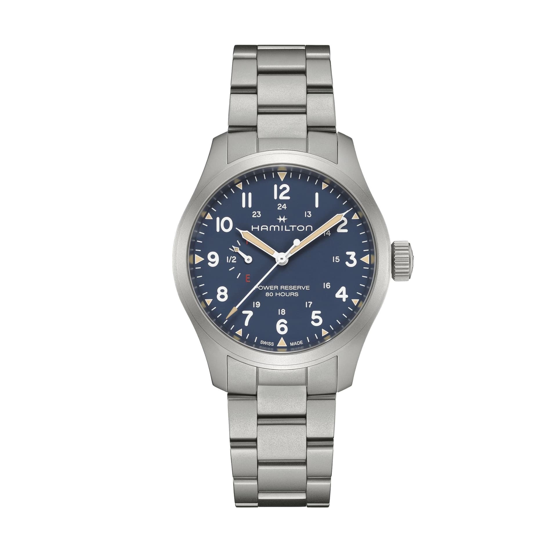 Hamilton Montre Hamilton Khaki Field Power Reserve cadran bleu bracelet acier 40 mm