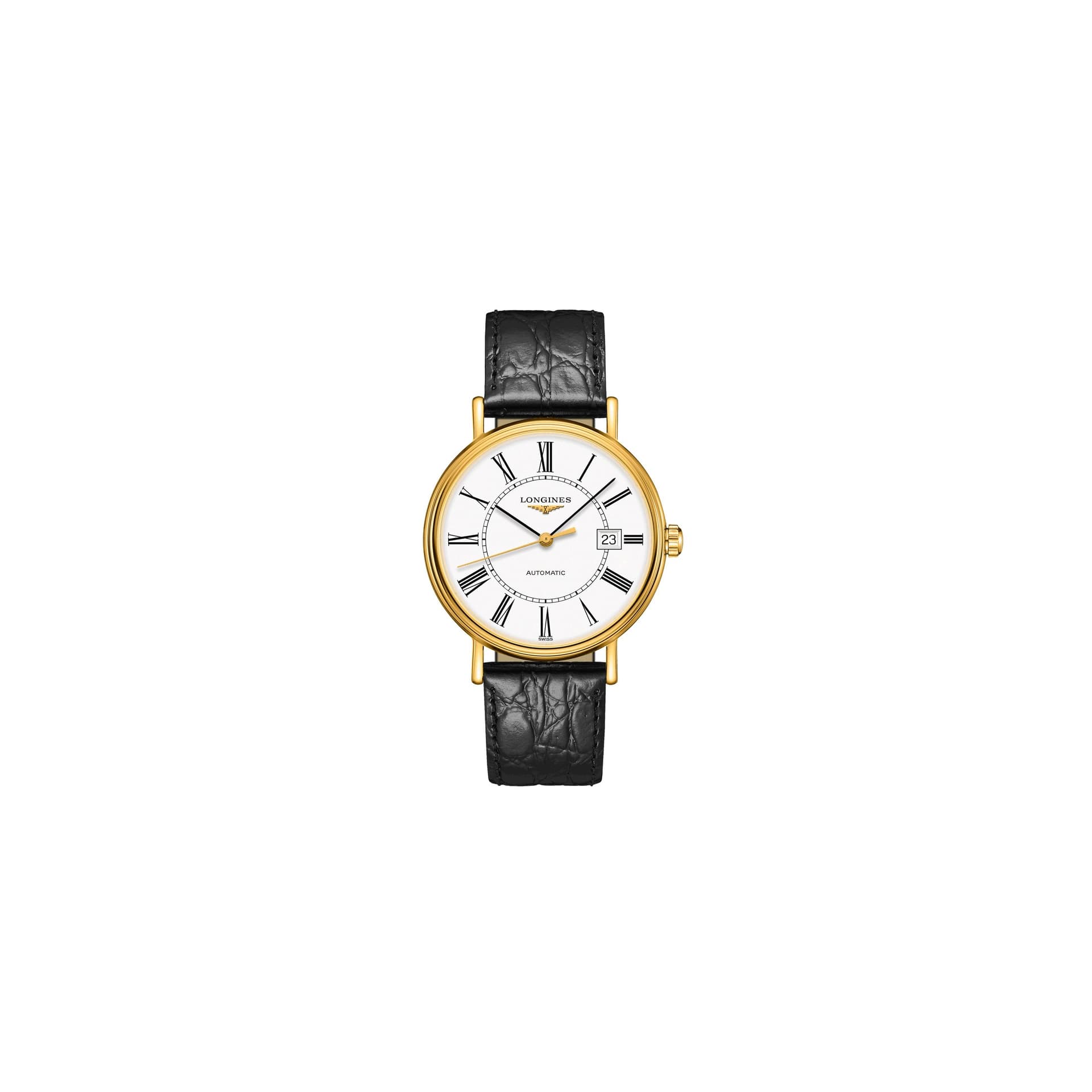 Longines Montre Longines Présence automatique acier PVD or jaune cadran blanc chiffres romains bracelet cuir noir 40 mm