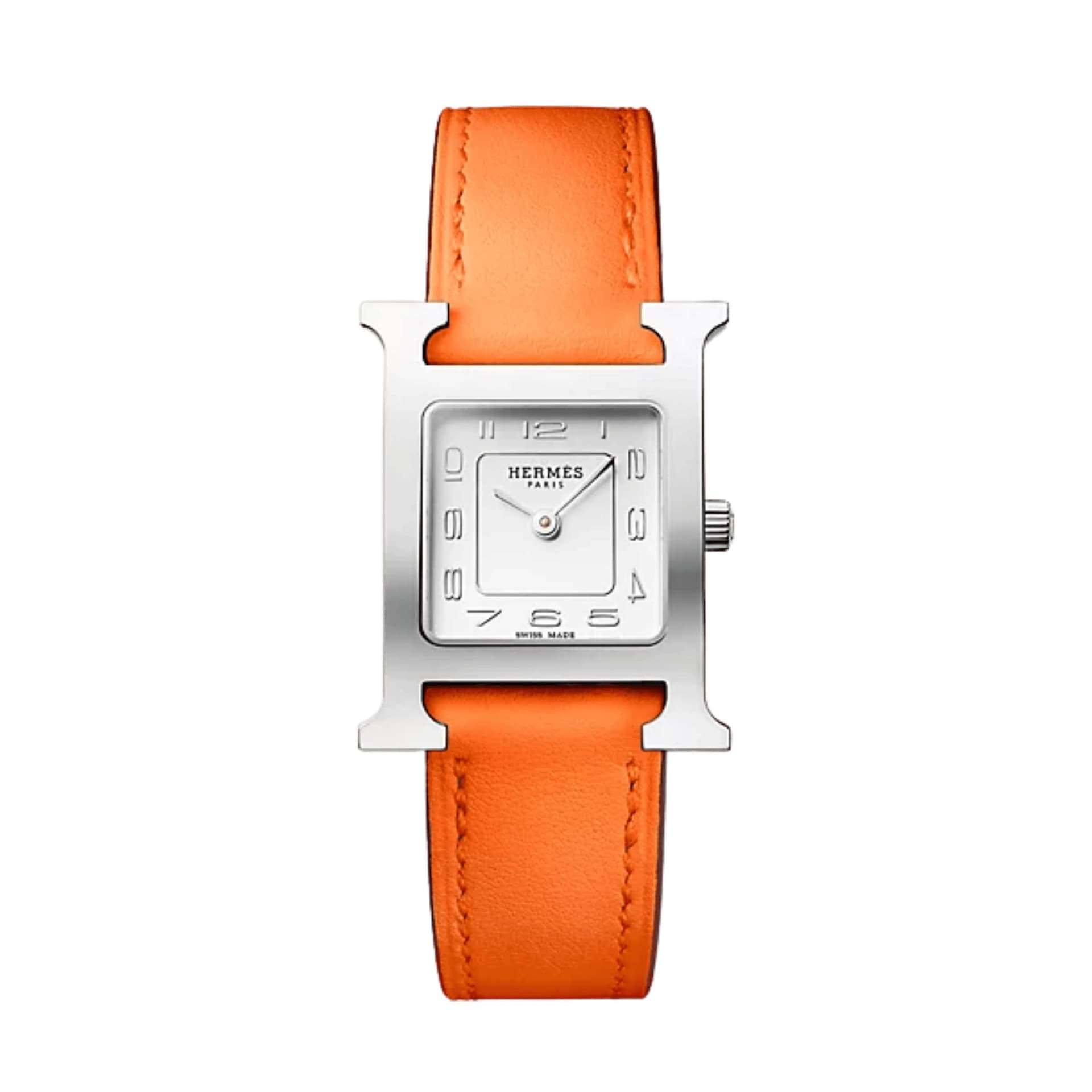 Hermès Montre HERMÈS Heure H Petit Modèle quartz cadran argenté bracelet cuir Swift orange 25 mm