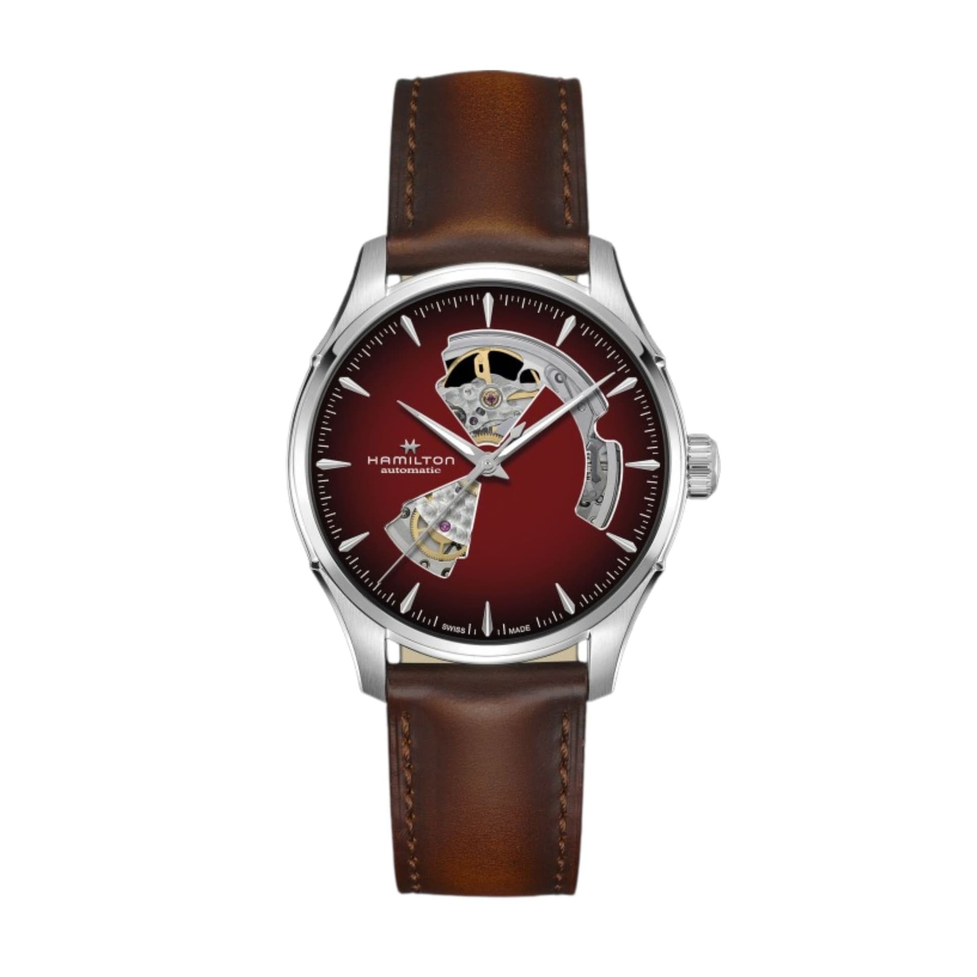 Hamilton Montre Hamilton Jazzmaster Open Heart Auto cadran rouge bracelet cuir marron 40 mm