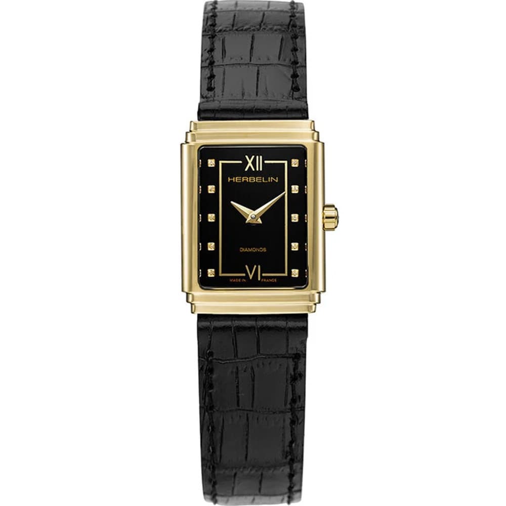 Michel Herbelin Montre Herbelin Collection Art Deco 1925'S en Cuir Noir