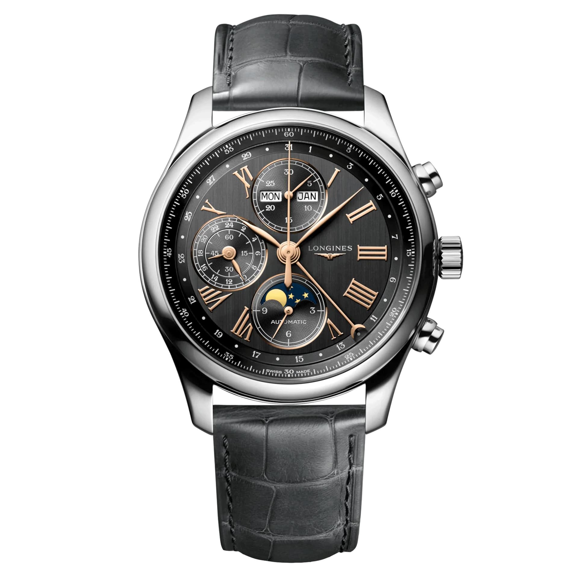 Longines Montre Longines Master Collection automatique chronographe cadran anthracite bracelet cuir gris 42 mm