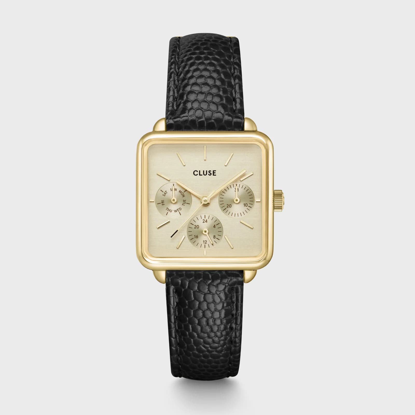 Cluse La Tétragone Multifunction Watch Leather, Black Lizard, Gold Colour