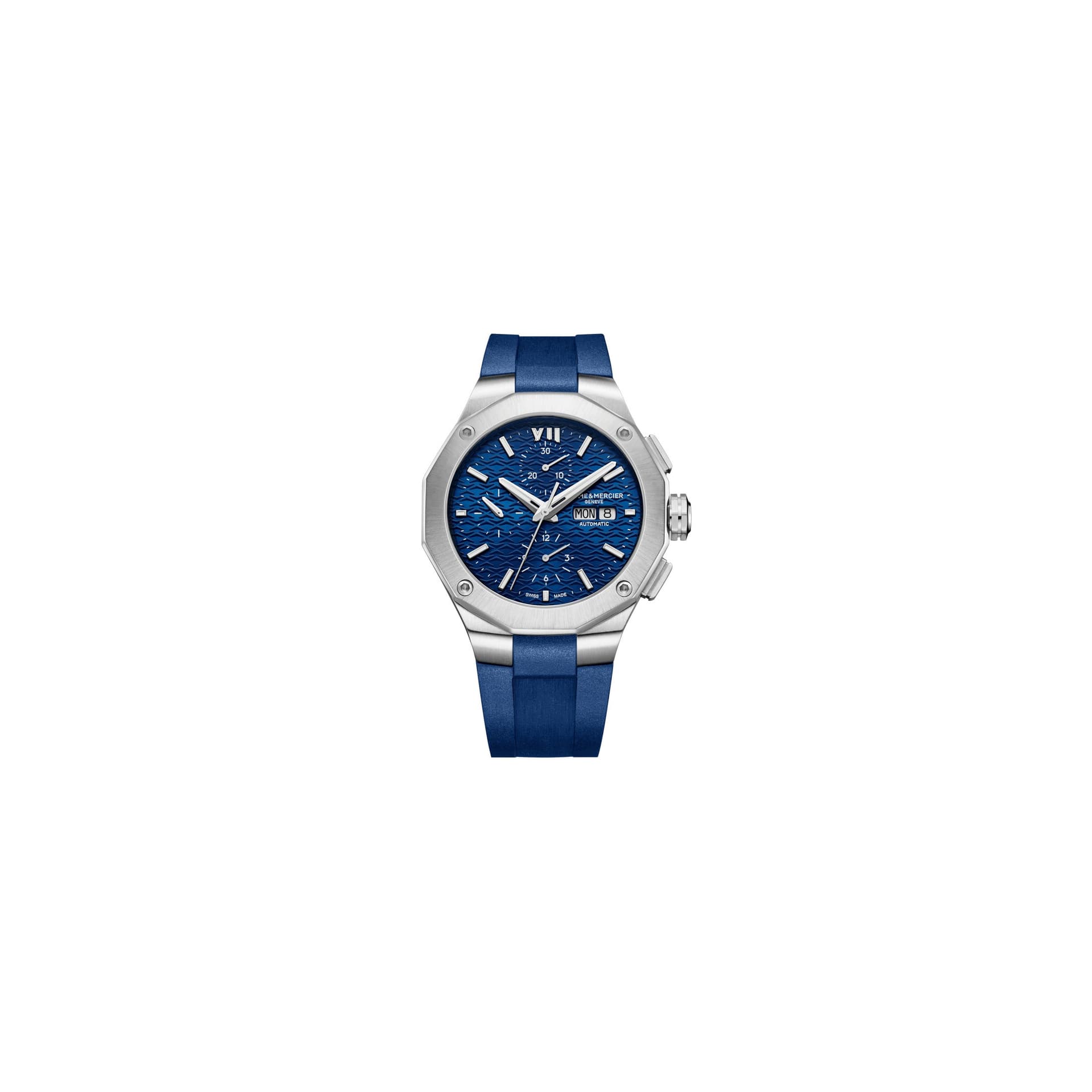 Baume & Mercier Montre Baume et Mercier Riviera Chronographe automatique cadran bleu bracelet caoutchouc bleu 43 mm