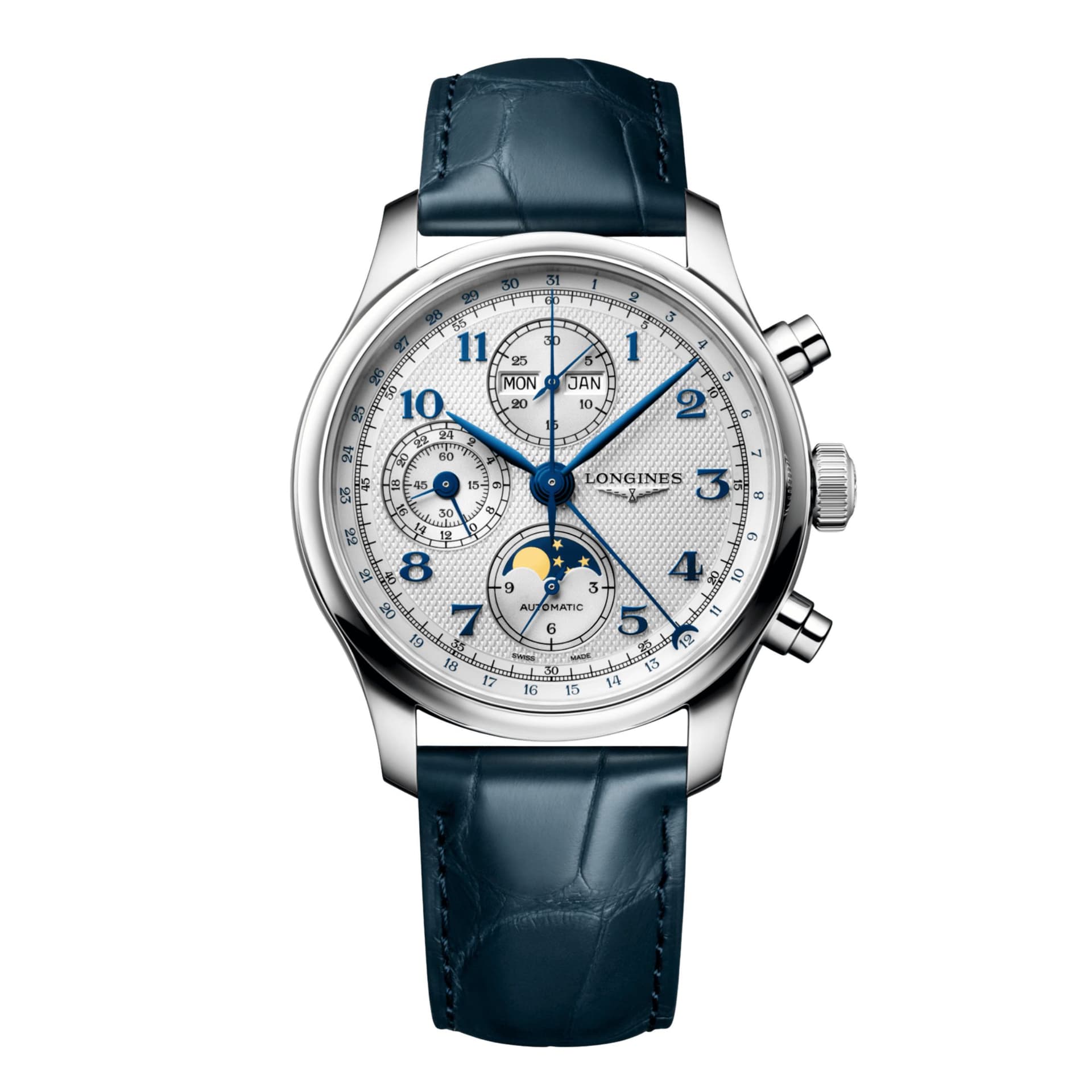 Longines Montre Longines Master Collection Chrono Moonphase automatique cadran argenté bracelet cuir 41 mm