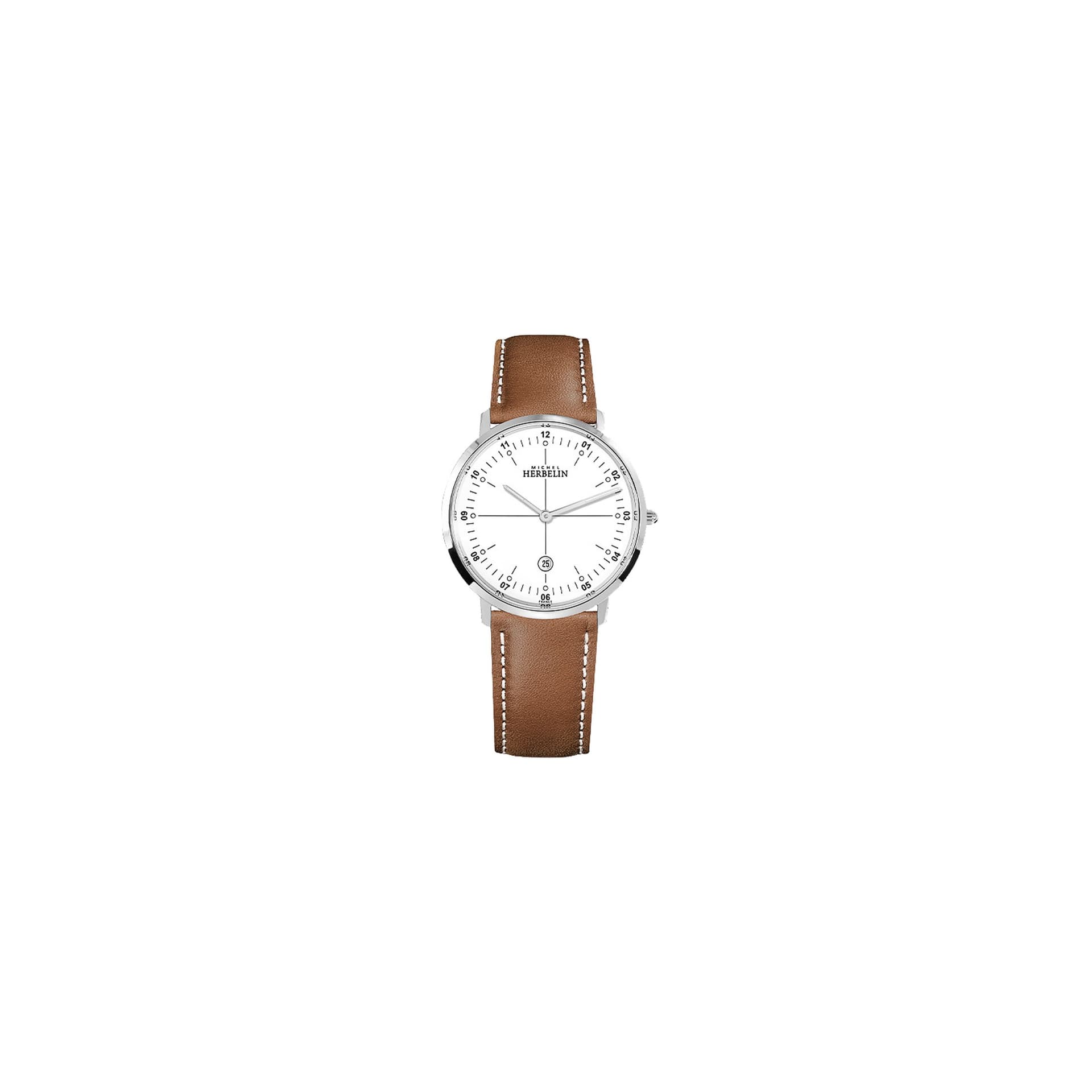 Michel Herbelin Montre Michel Herbelin City quartz cadran blanc bracelet cuir brun 38,70 mm