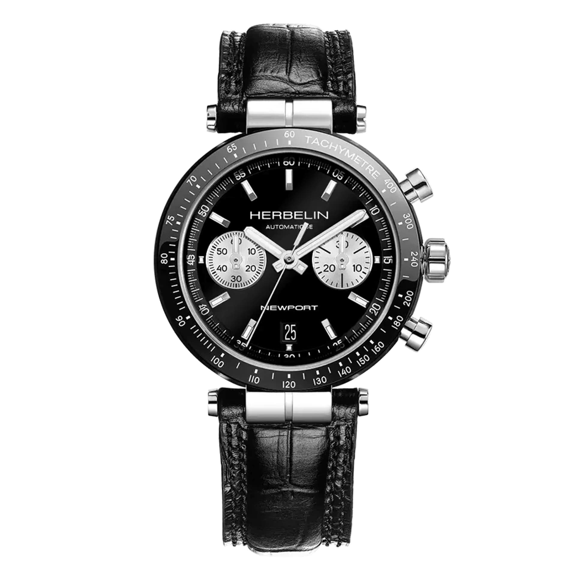 Michel Herbelin Montre Herbelin Newport Héritage Chronographe Bi-Compax automatique cadran noir bracelet cuir 42 mm