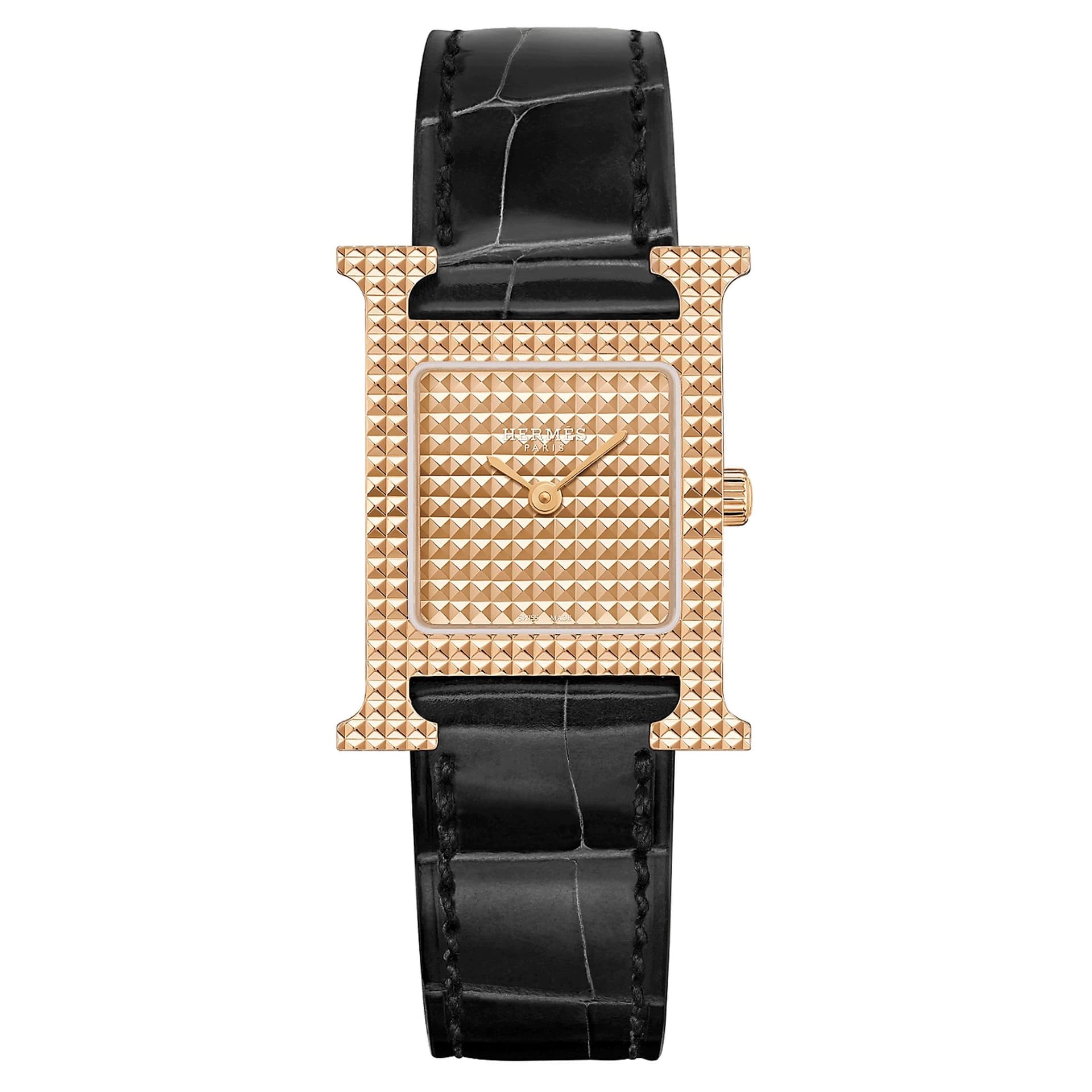 Hermès Montre HERMÈS Heure H Petit Modèle quartz cadran or rose bracelet cuir noir 25 mm