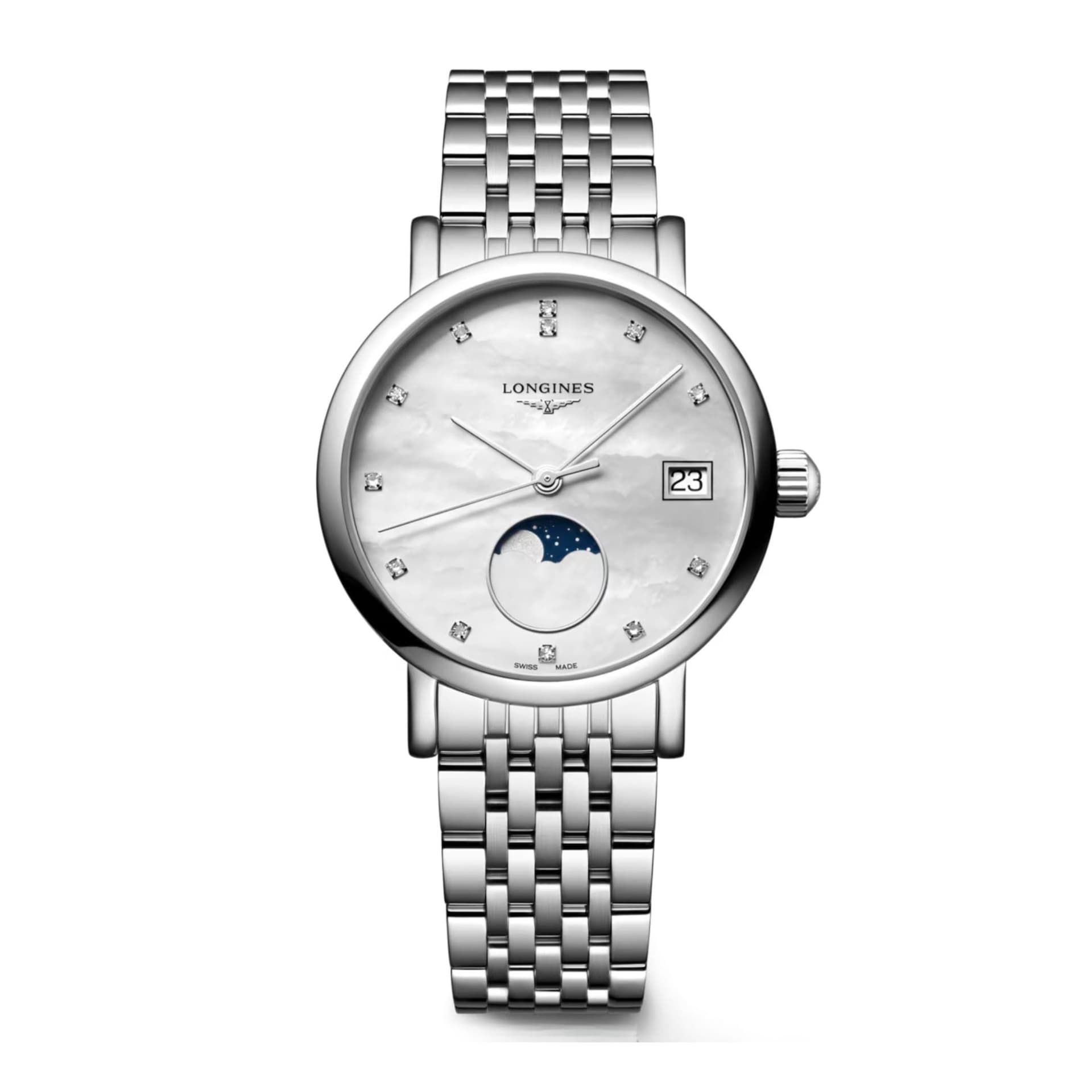 Longines Montre Longines Elegant collection Phase de Lune quartz index diamants cadran nacre bracelet acier 30 mm