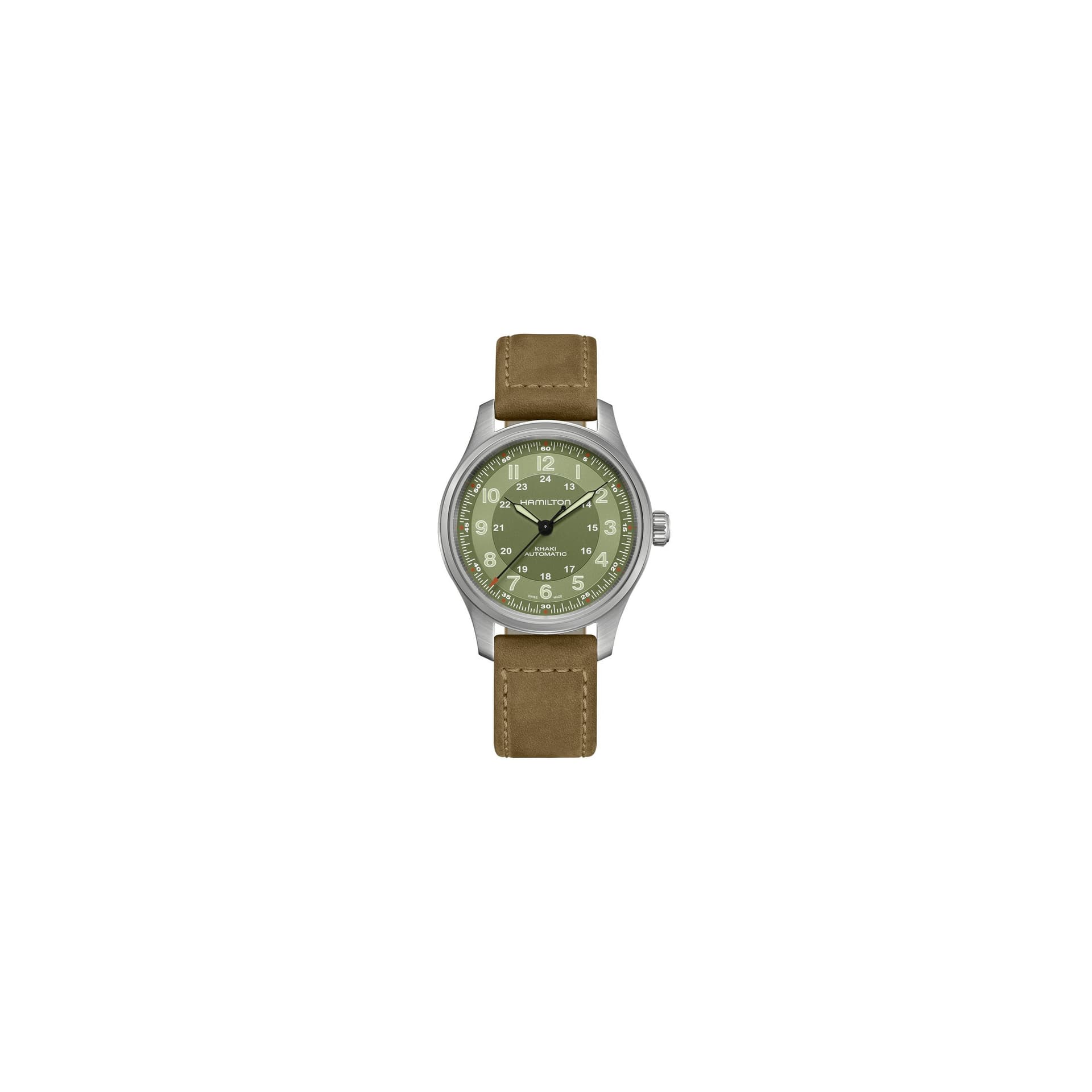 Hamilton Montre Hamilton Khaki Field Titanium automatique cadran vert bracelet cuir brun 42 mm