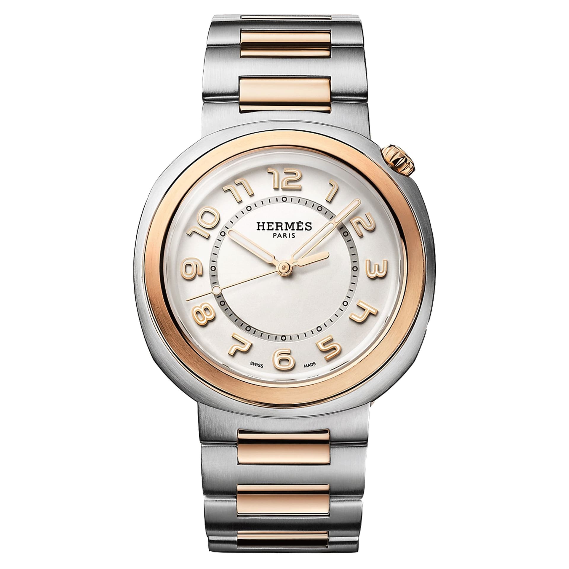 Hermès Montre HERMÈS Cut Grand Modèle automatique cadran argenté bracelet et lunette or rose et acier 36 mm
