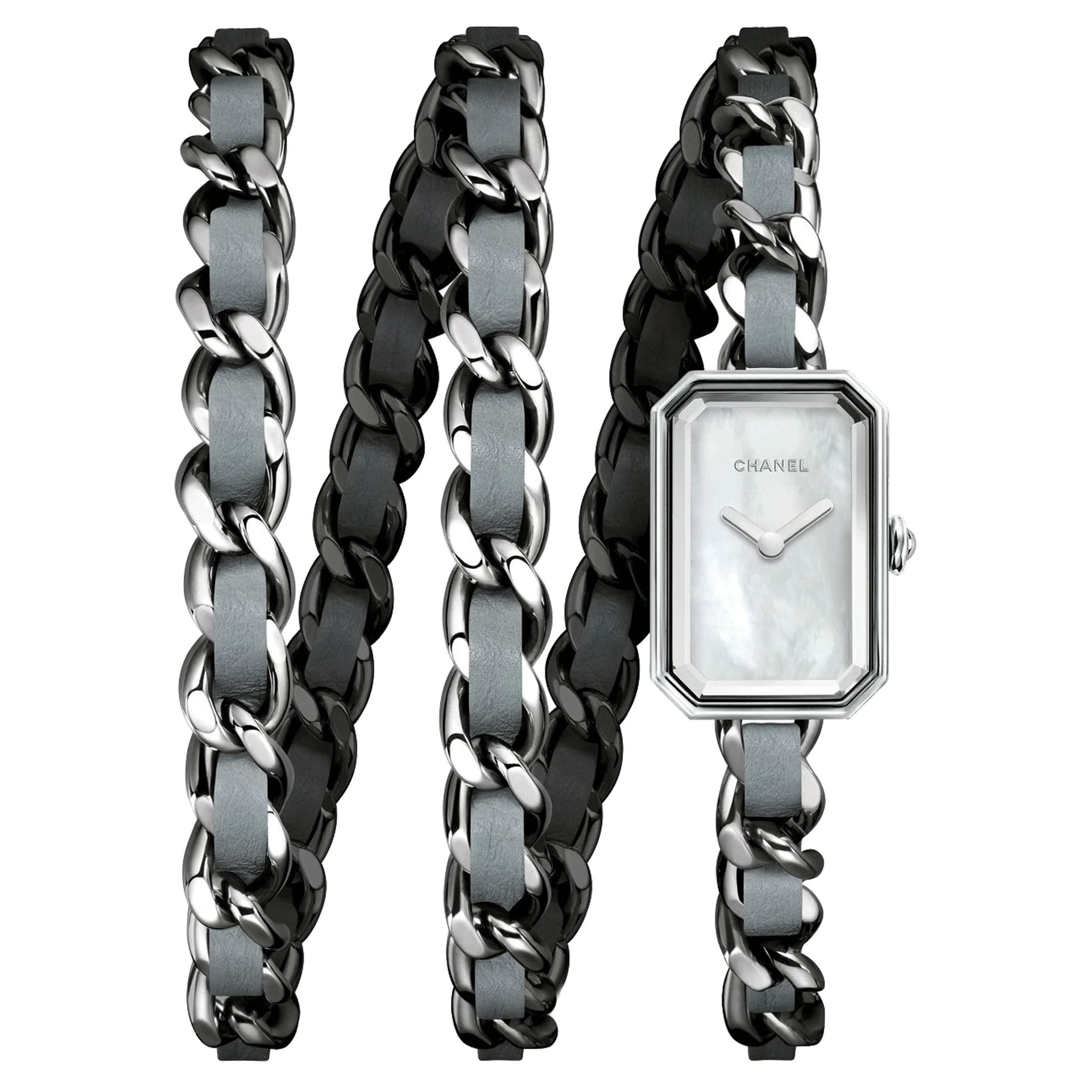 Chanel Montre CHANEL Première Rock quartz cadran nacre blanche bracelet triple-tour acier et cuir gris 23,6 x 15,8 mm