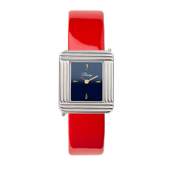 Poiray Montre Poiray Ma Première Acier Cadran Bleu Bracelet Veau Vernis Rouge