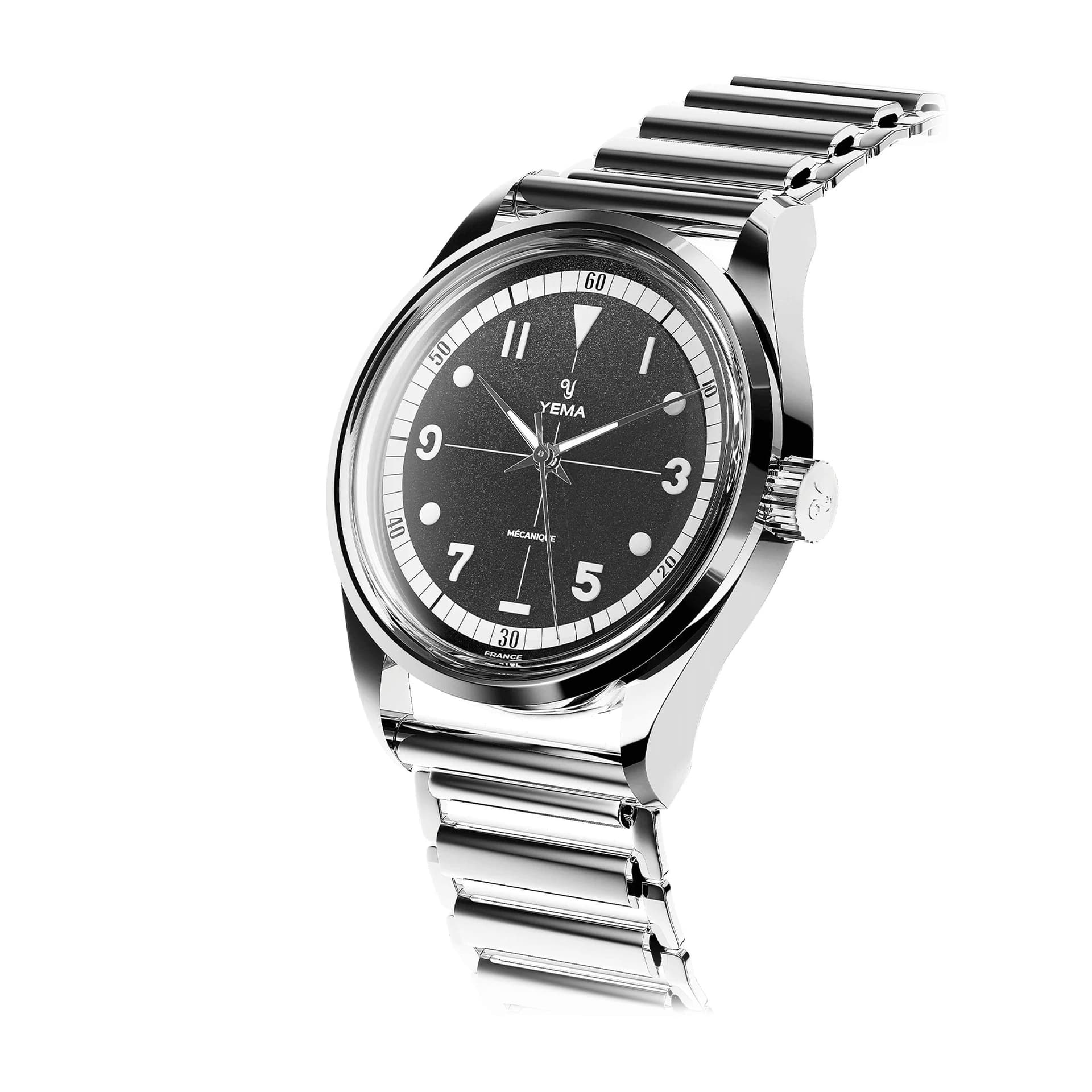 Yema Montre Yema Urban Field mécanique cadran noir bracelet acier 20 cm Bonklip 37,5 mm