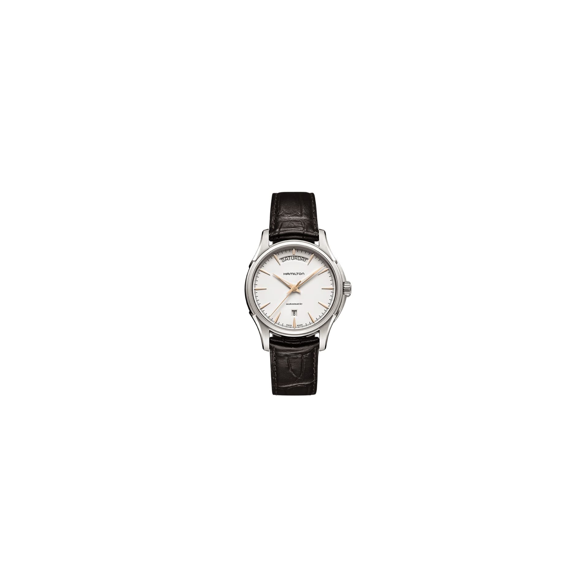 Hamilton Montre Hamilton Jazzmaster Day Date cadran blanc bracelet cuir façon croco 40 mm