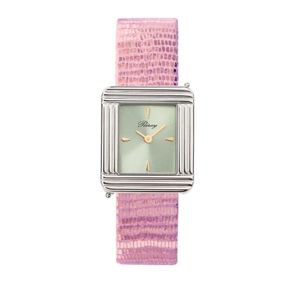 Poiray Montre Poiray Ma Première Acier Cadran Vert Bracelet Chèvre Rose