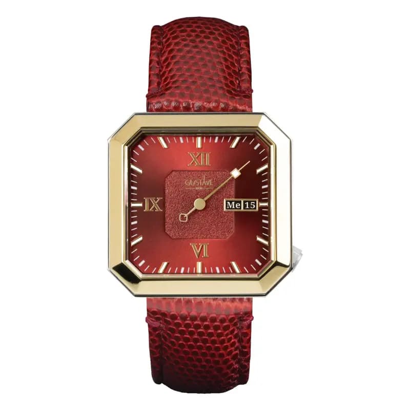 Gustave & Cie Montre Marie 12H Argent/Or et Grenat Cuir Rouge Lézard 34mm