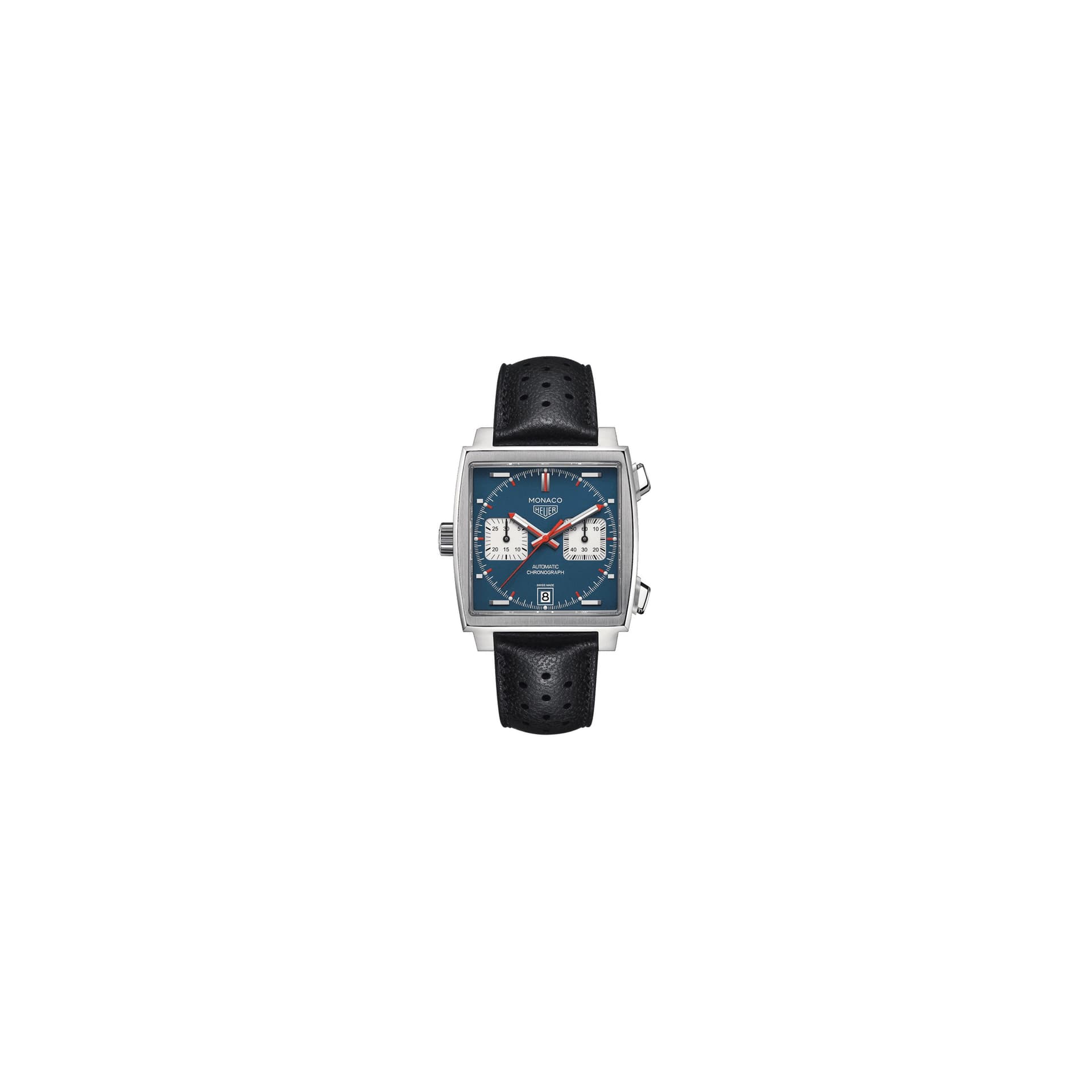 TAG Heuer Montre TAG Heuer Monaco Calibre 11 cadran bleu bracelet cuir perforé noir 39 mm