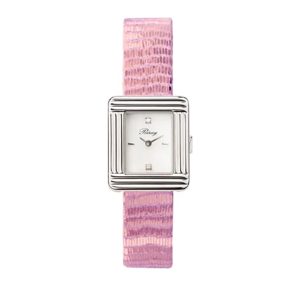 Poiray Montre Poiray Ma Première Mini Acier Cadran Serti Bracelet Chèvre Rose