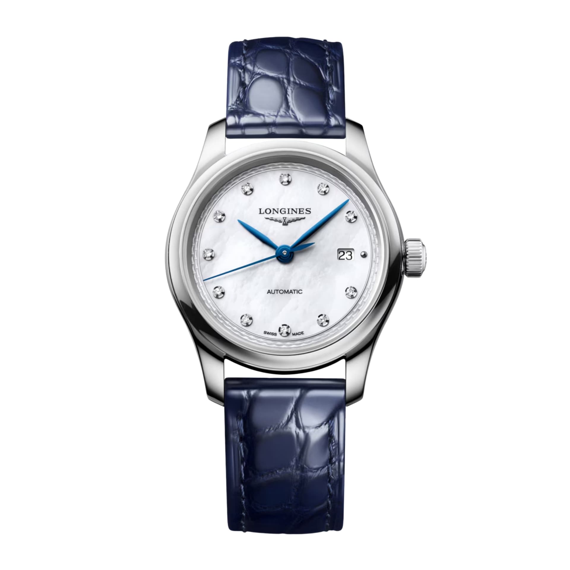 Longines Montre Longines Master Collection automatique cadran nacre blanche bracelet cuir bleu 30 mm