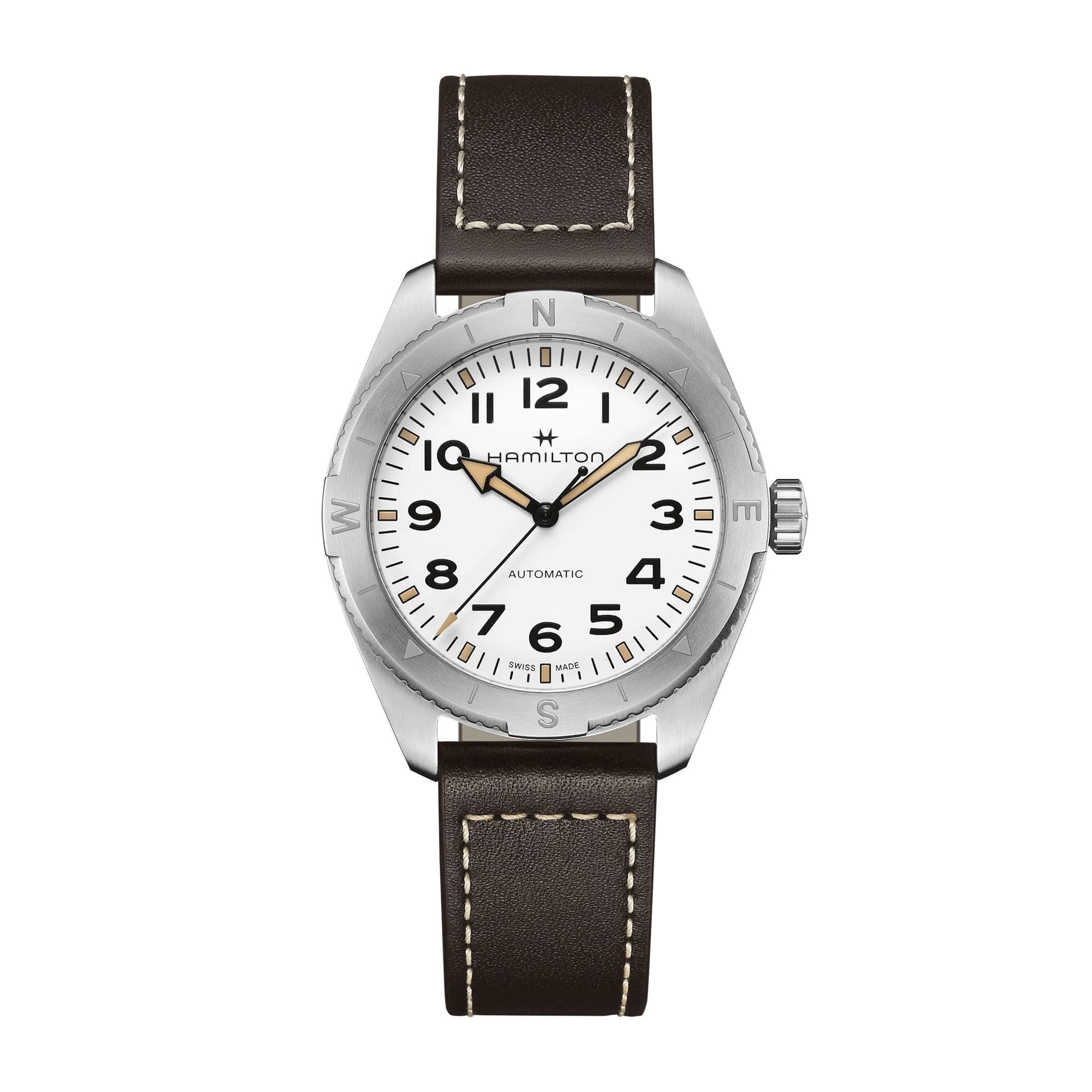 Hamilton Montre Hamilton Khaki Field Expedition automatique cadran blanc bracelet cuir marron 41 mm