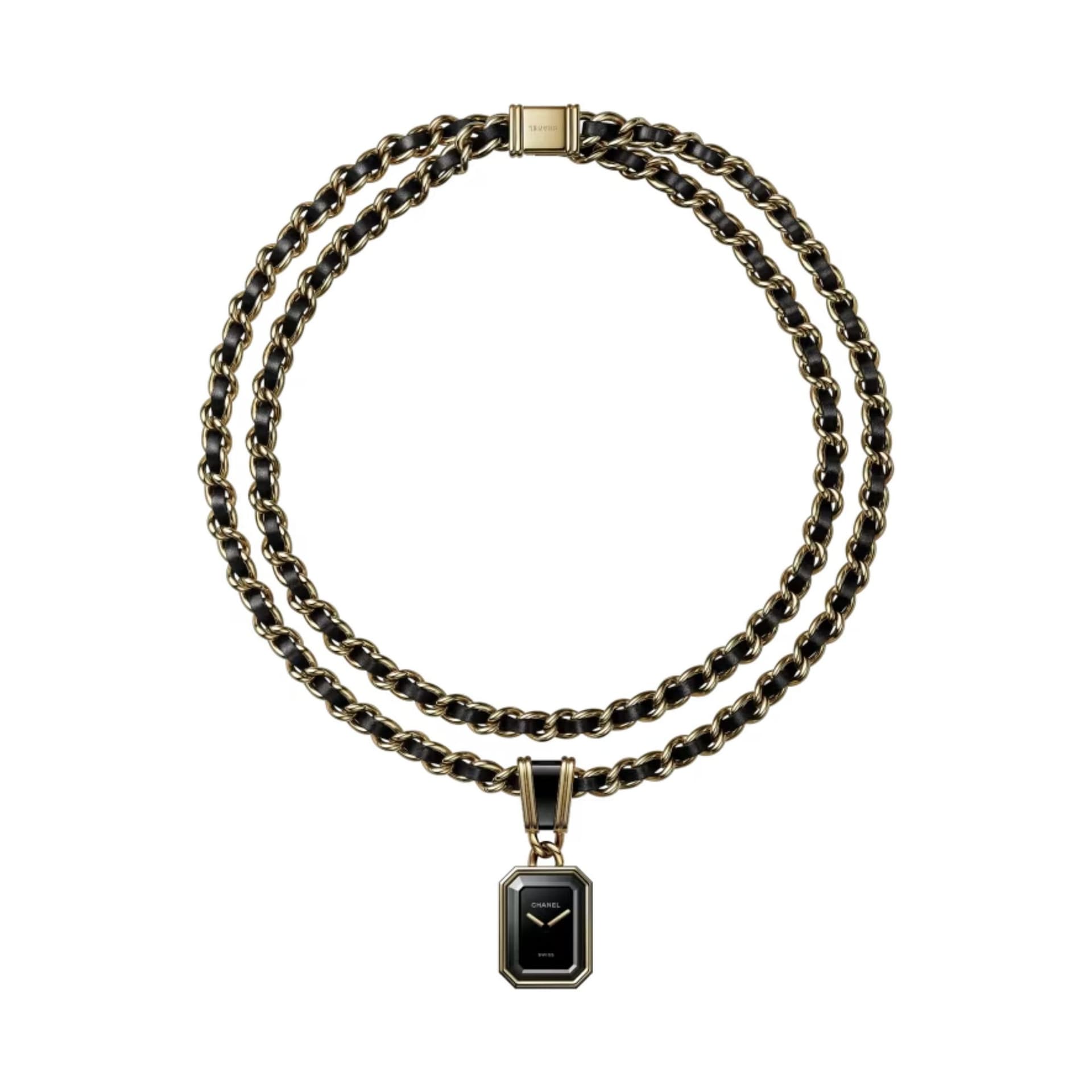 Chanel Montre collier CHANEL Première Edition Chaîne iconique cadran laqué noir chaîne acier et cuir noir 26,1 mm