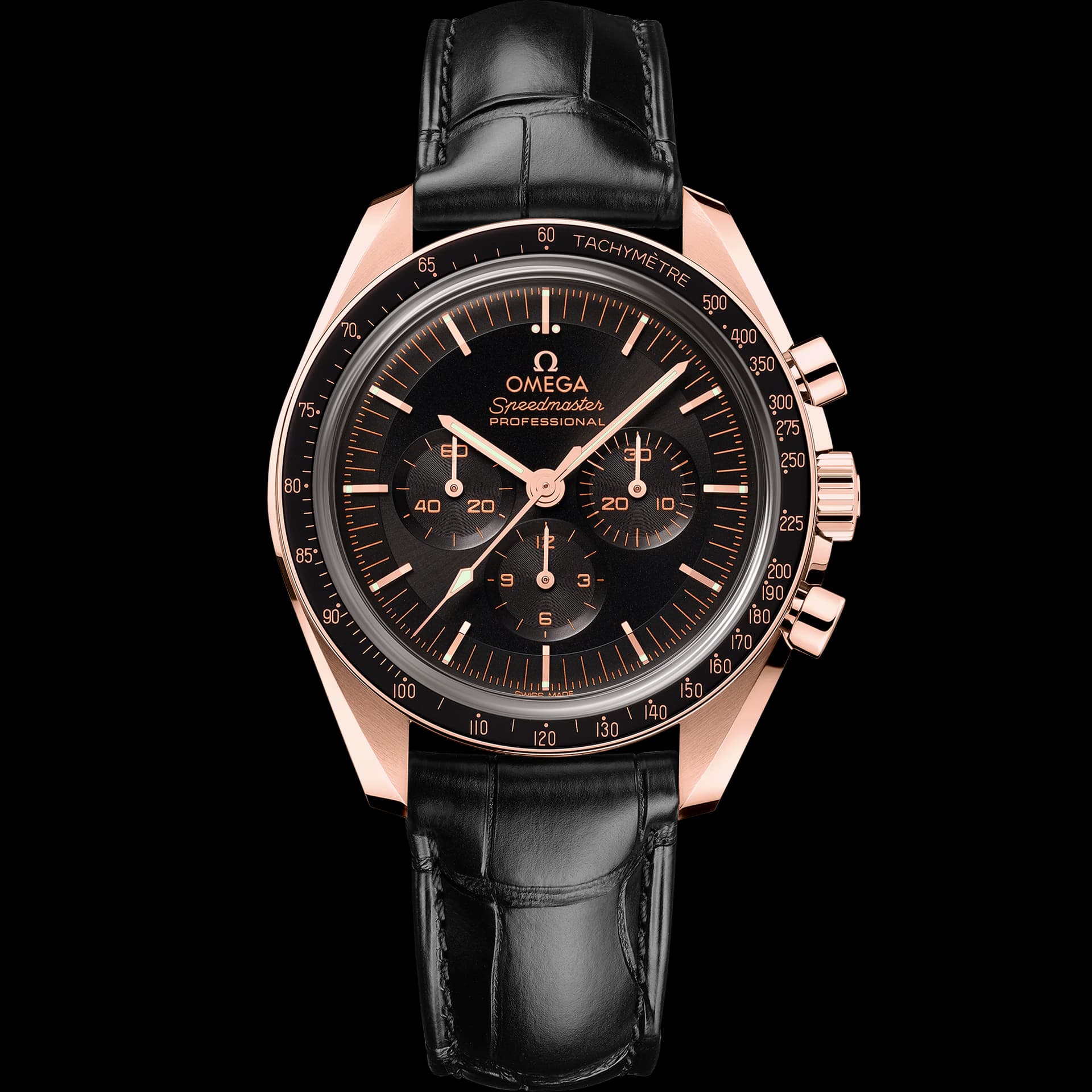 Omega Speedmaster 42 mm, or Sedna™ sur bracelet en cuir