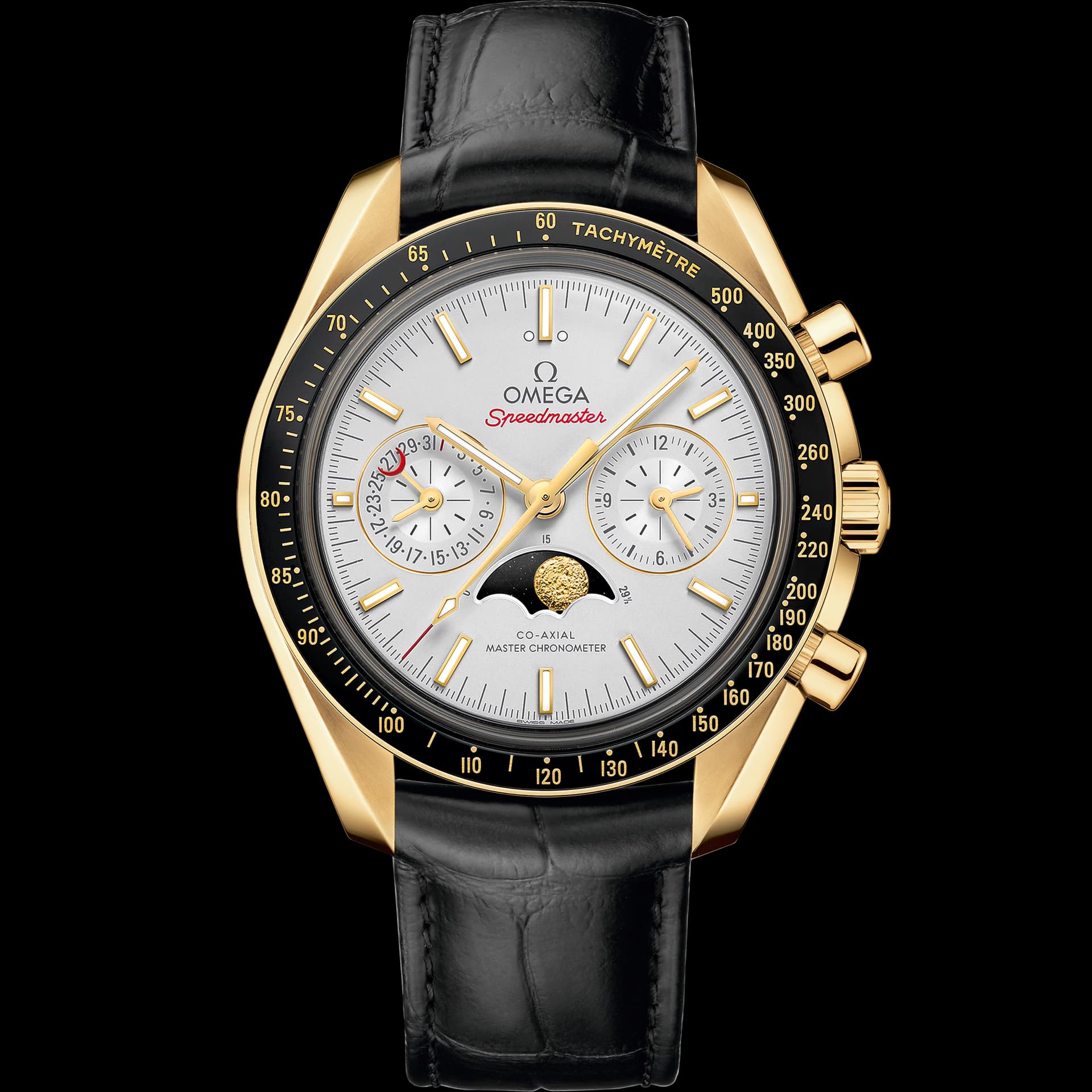 Omega Speedmaster 44,25 mm, or jaune sur bracelet en cuir