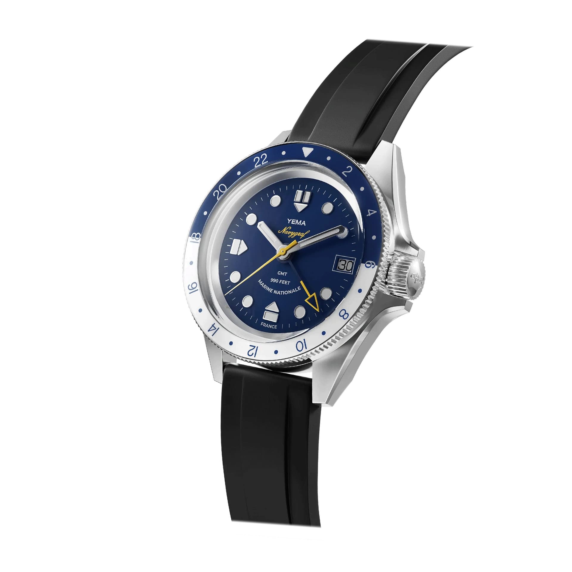 Yema Montre Yema Navygraf Marine Nationale GMT automatique cadran bleu bracelet caoutchouc noir 38,5 mm