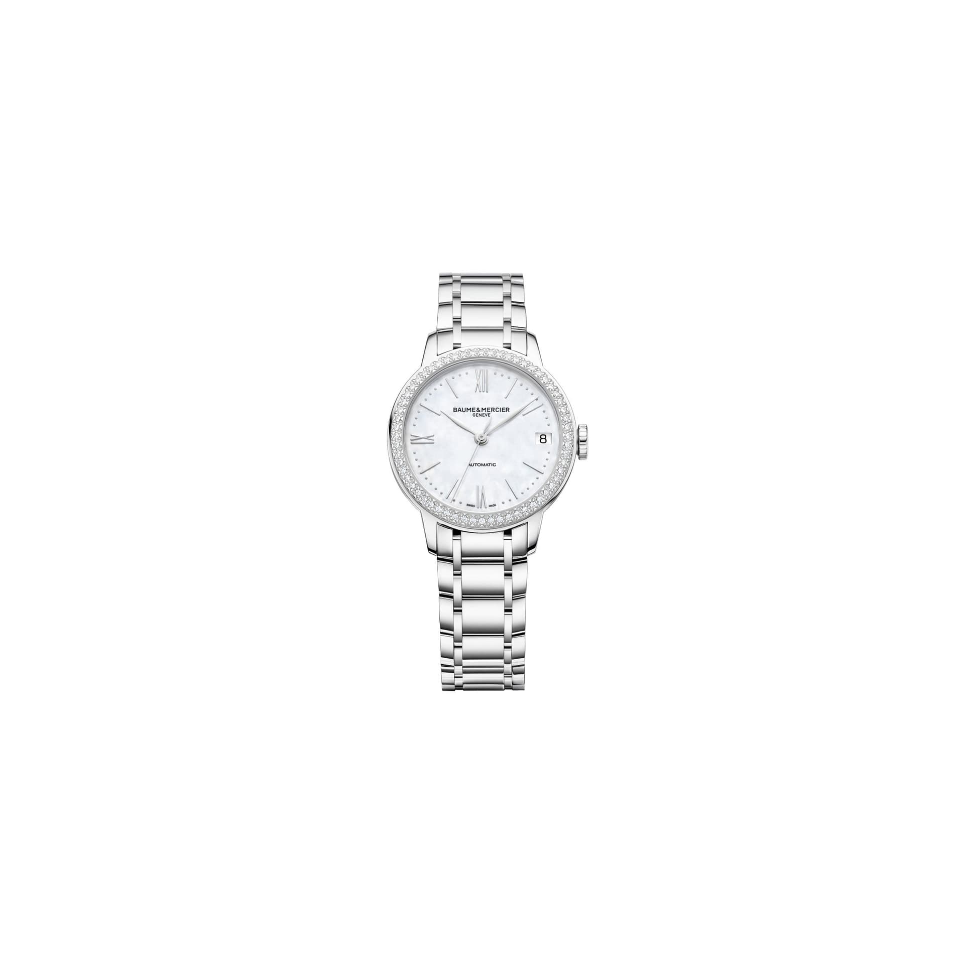 Baume & Mercier Montre Baume et Mercier Classima automatique lunette sertie cadran nacre bracelet acier 31 mm