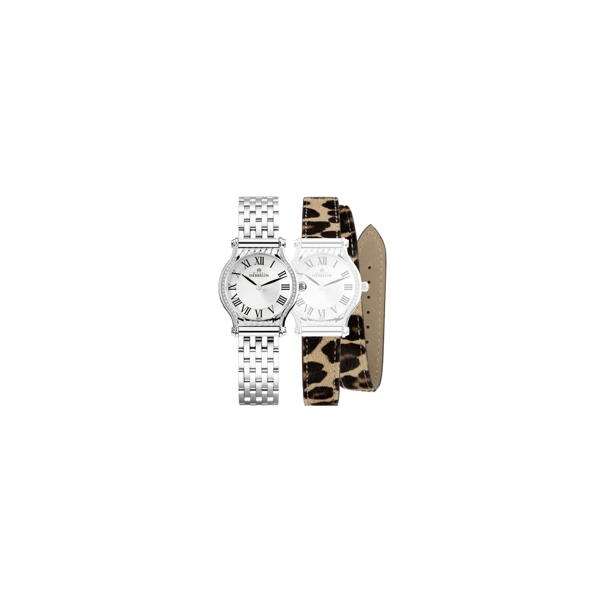 Michel Herbelin Montre Michel Herbelin Coffret Antarès quartz cadran argenté lunette sertie bracelets acier et léopard 30 mm
