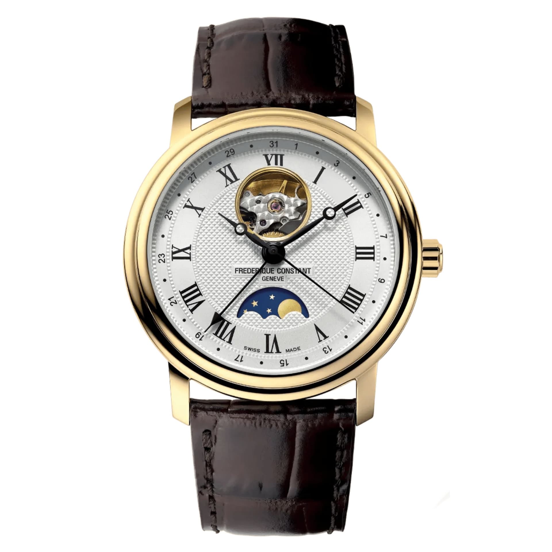 Frédérique Constant Montre Frédérique Constant Classics Heart Beat Moonphase Date PVD or jaune automatique cadran argenté bracelet cuir 40 mm