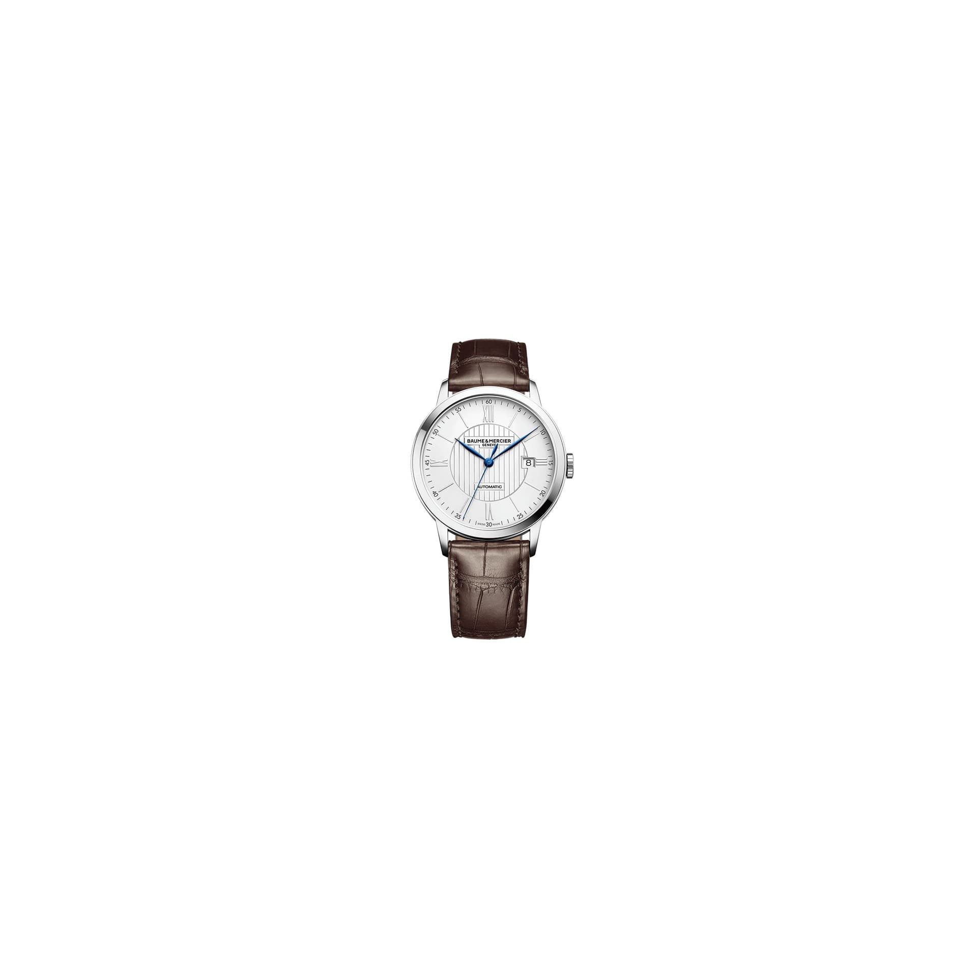 Baume & Mercier Montre Baume et Mercier Classima automatique cadran argenté bracelet cuir alligator marron 40 mm