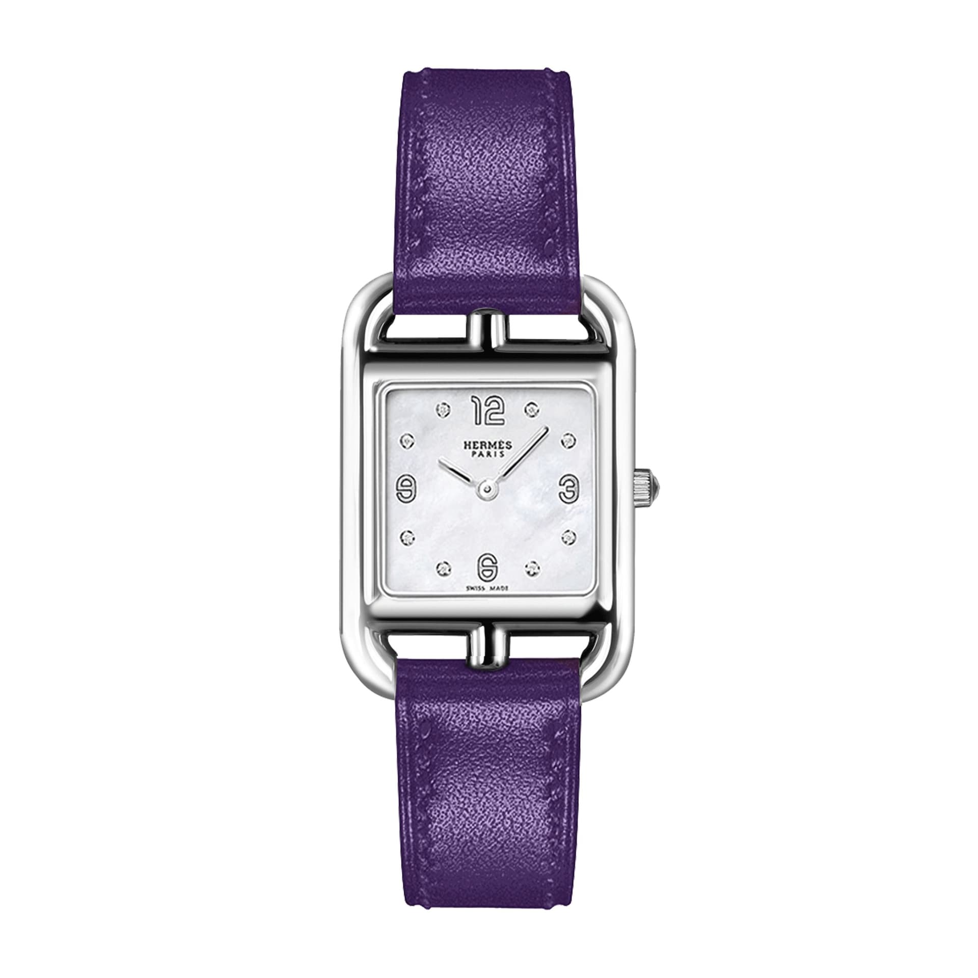 Hermès Montre HERMÈS Cape Cod quartz index diamants cadran nacre blanche bracelet cuir violet 23 mm