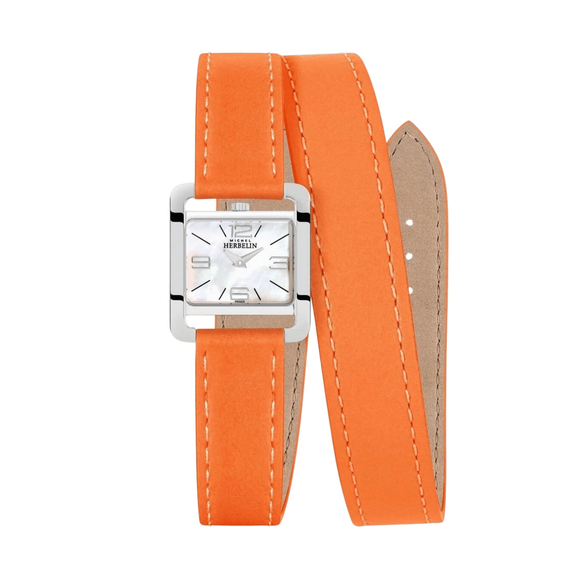 Michel Herbelin Montre Herbelin V Avenue quartz cadran nacré bracelet cuir orange double tour 25,5 x 19 mm