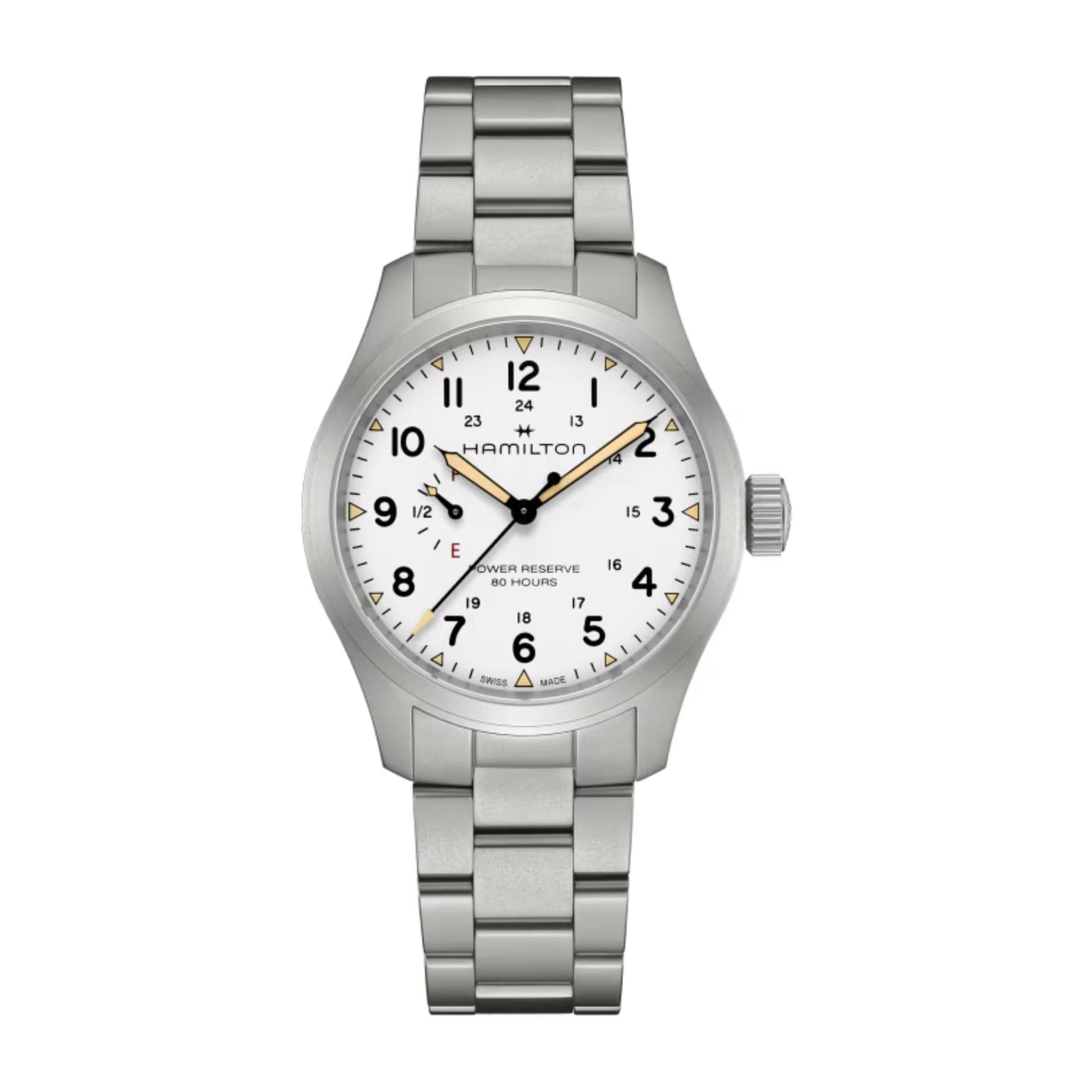Hamilton Montre Hamilton Khaki Field Power Reserve mécanique cadran blanc bracelet acier 40 mm