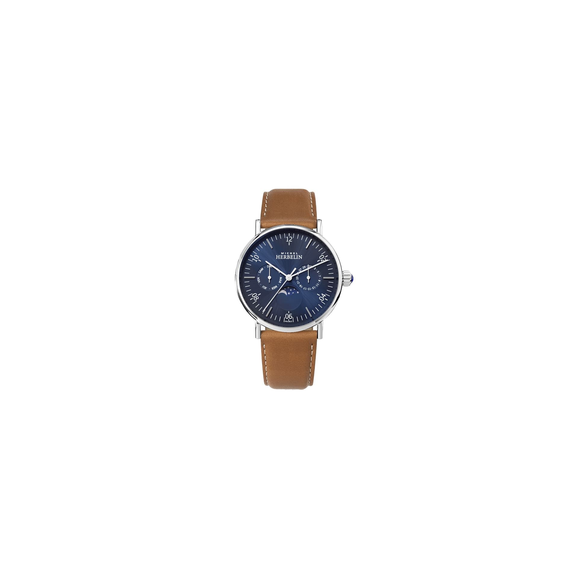 Michel Herbelin Montre Michel Herbelin Inspiration quartz Phase de lune cadran bleu soleillé bracelet cuir brun 38 mm