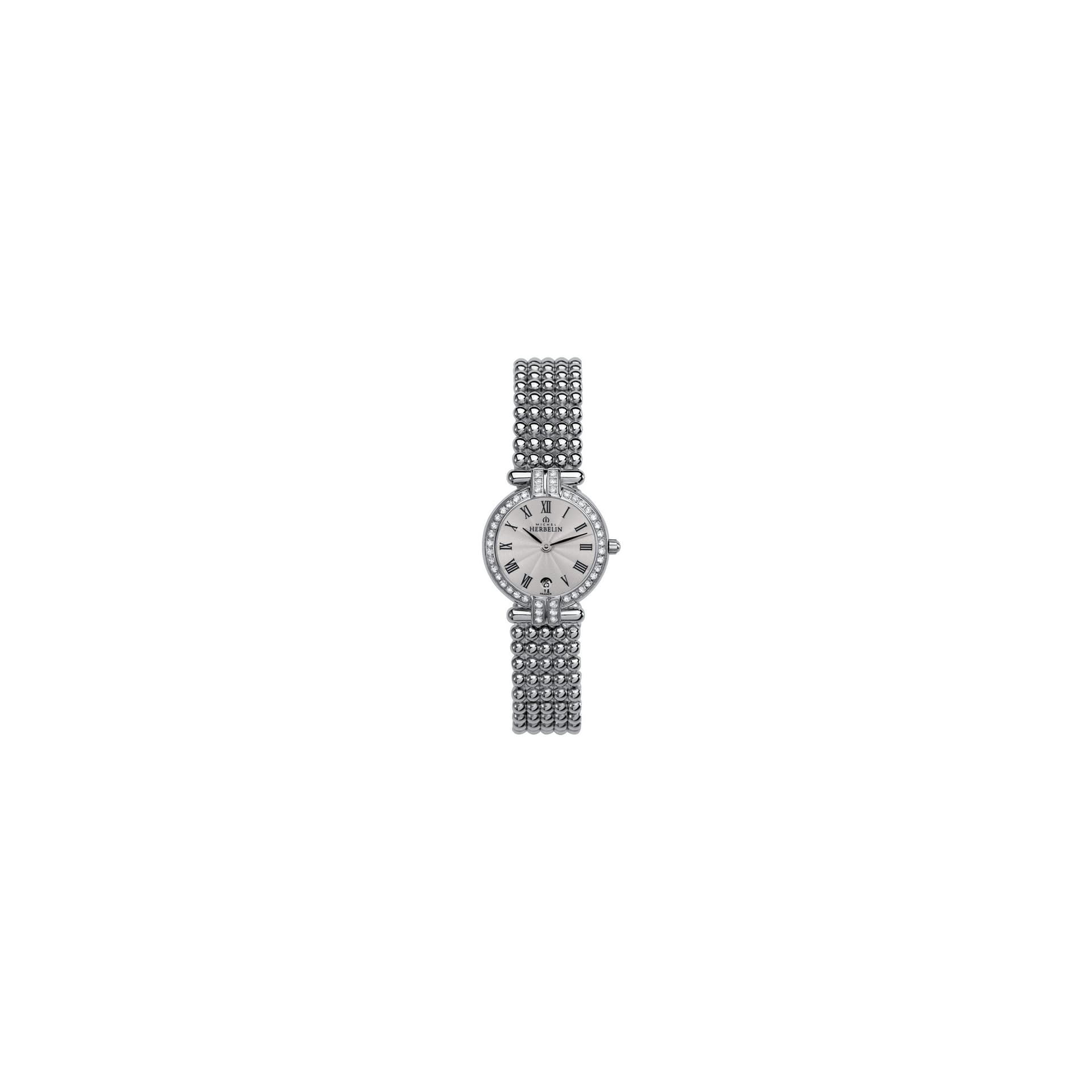 Michel Herbelin Montre Michel Herbelin Perles quartz lunette sertie cadran argent soleillé bracelet acier 24,4 mm
