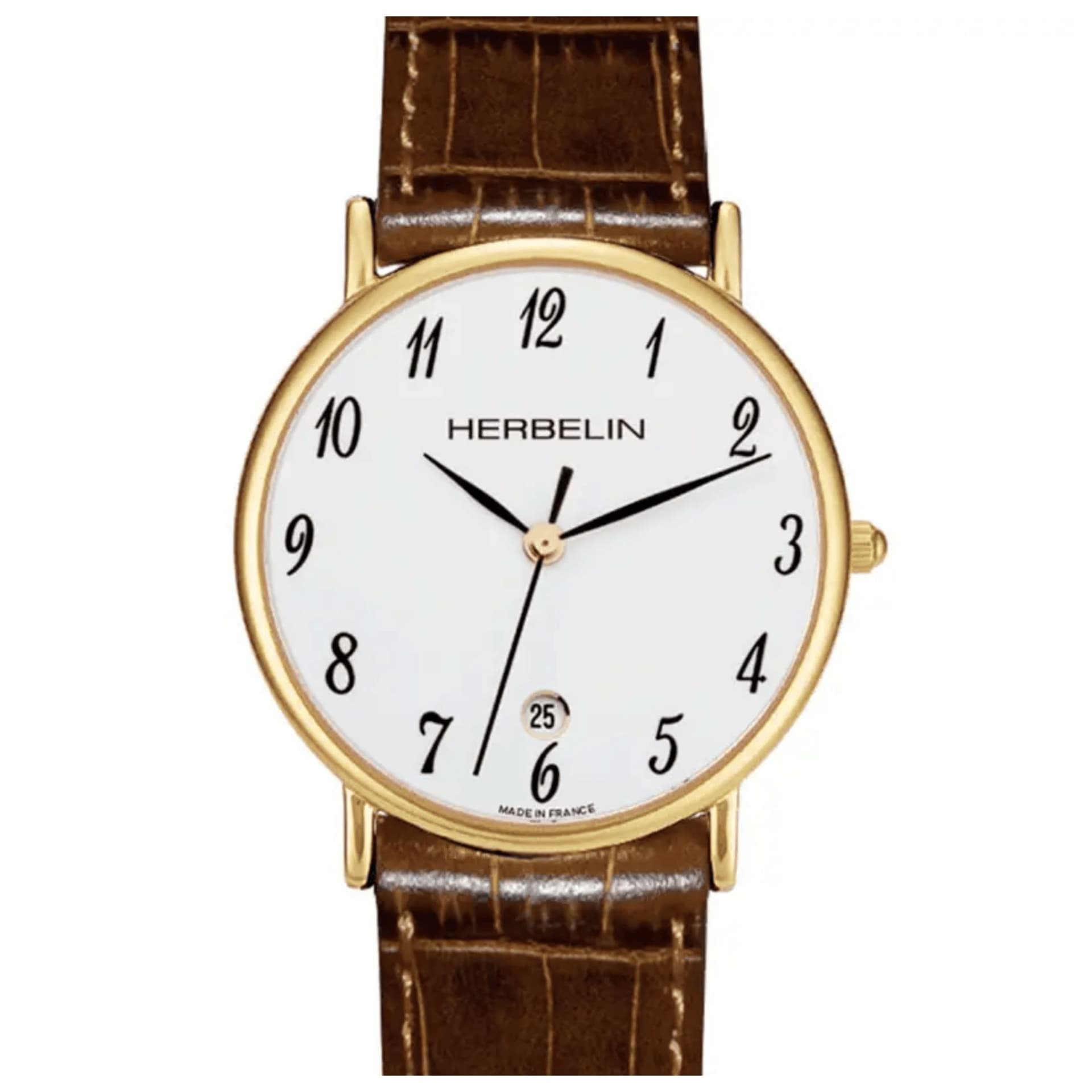 Michel Herbelin Montre Michel Herbelin Classiques quartz acier PVD or jaune cadran blanc chiffres arabes bracelet cuir brun 34 mm