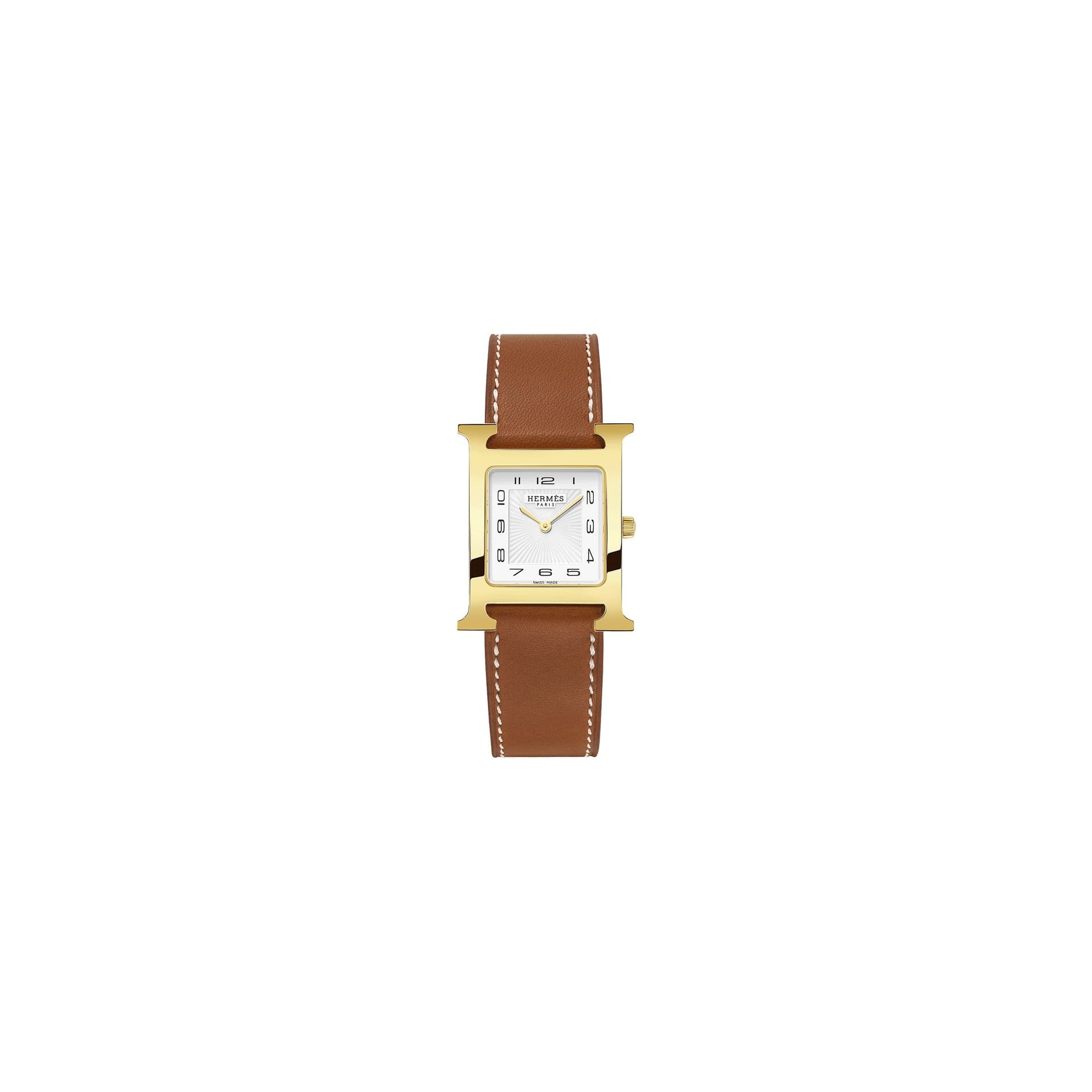 Hermès Montre HERMÈS Heure H Moyen Modèle plaqué or jaune quartz cadran blanc bracelet cuir marron 30 mm