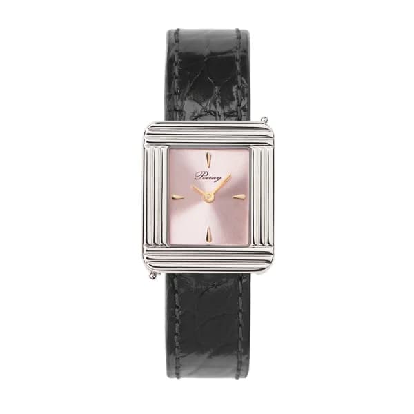 Poiray Montre Poiray Ma Première Acier Cadran Rose Bracelet Alligator Noir