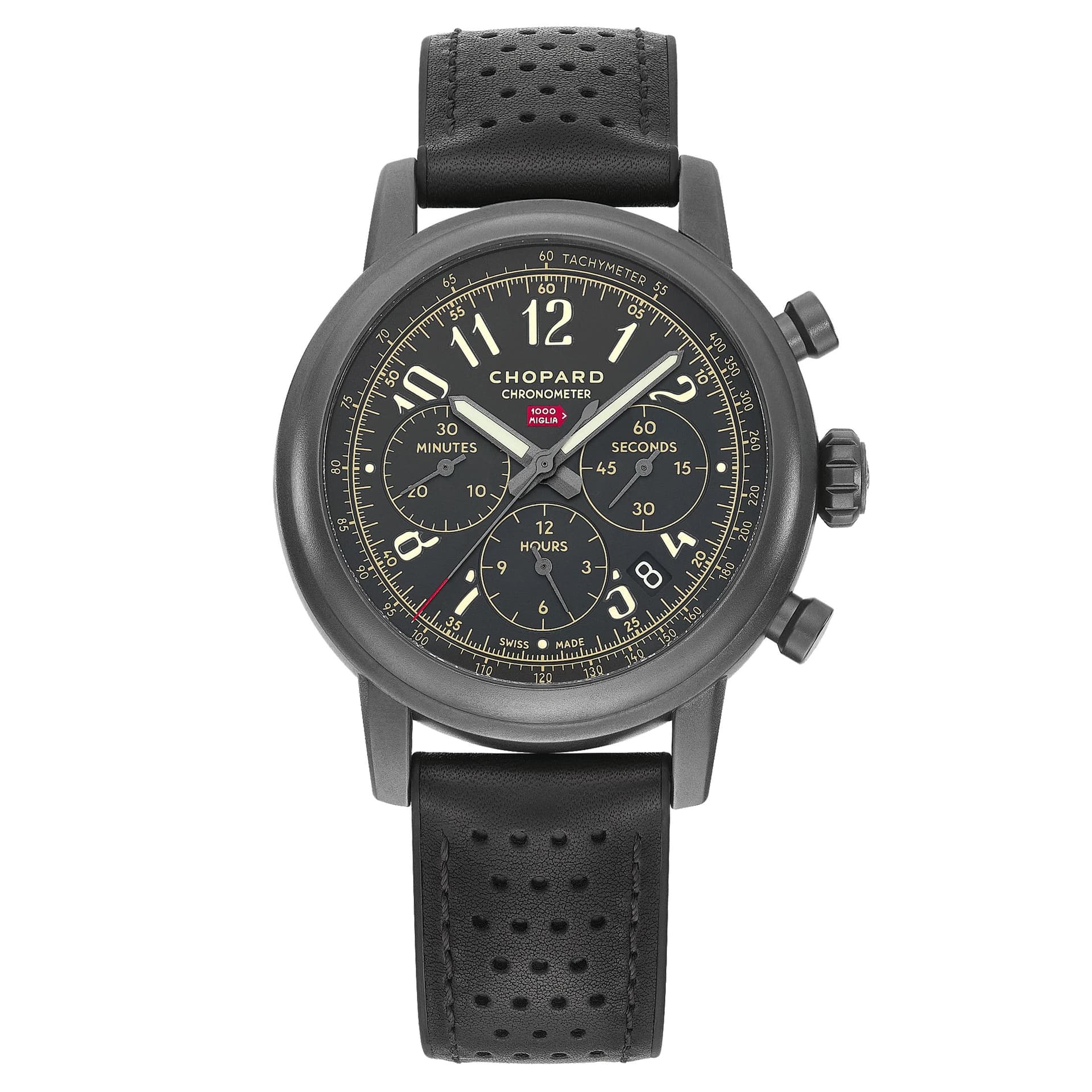 Chopard Montre Chopard Mille Miglia Race Edition Chronographe automatique cadran noir bracelet cuir noir 42 mm