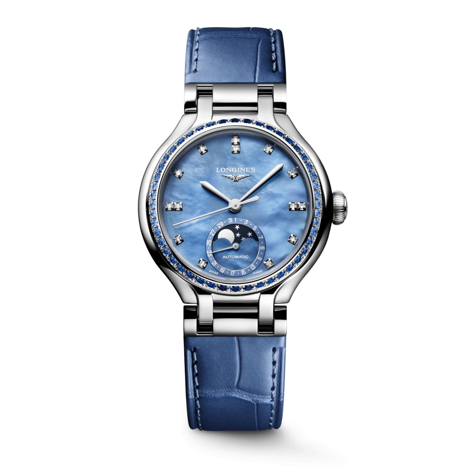 Longines Montre Longines PrimaLuna Moonphase automatique cadran nacre bleue bracelet cuir bleu 34 mm