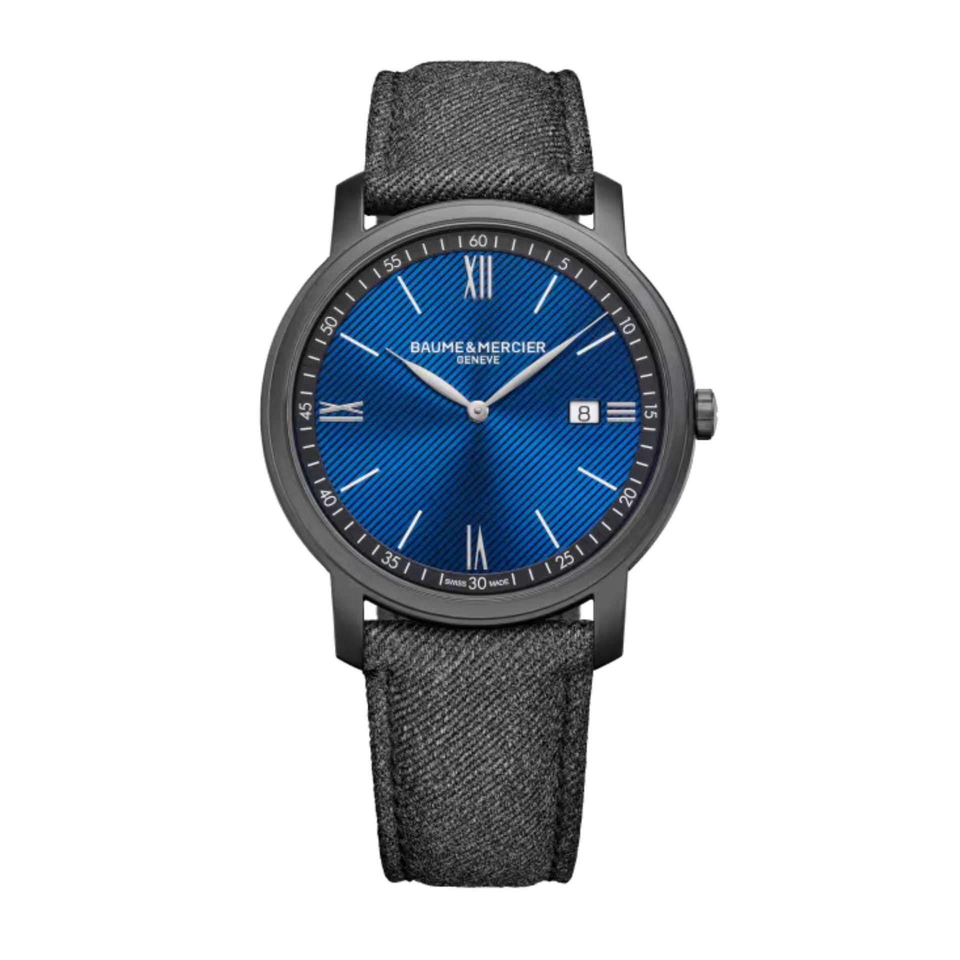 Baume & Mercier Montre Baume et Mercier Classima quartz cadran bleu bracelet toile gris 42 mm