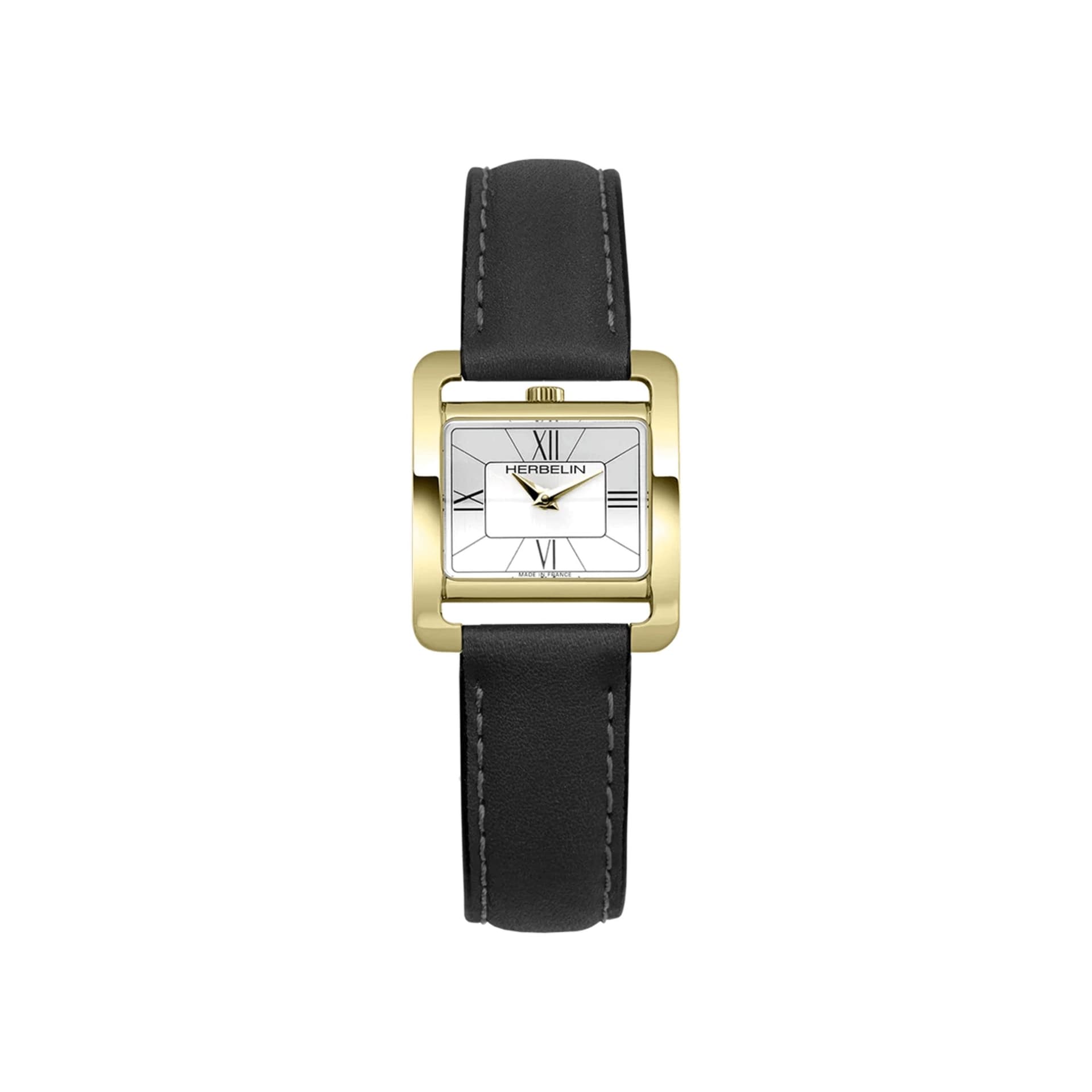 Michel Herbelin Montre Herbelin V Avenue PVD or jaune quartz cadran argenté chiffres romains bracelet cuir 25,5 x 19 mm