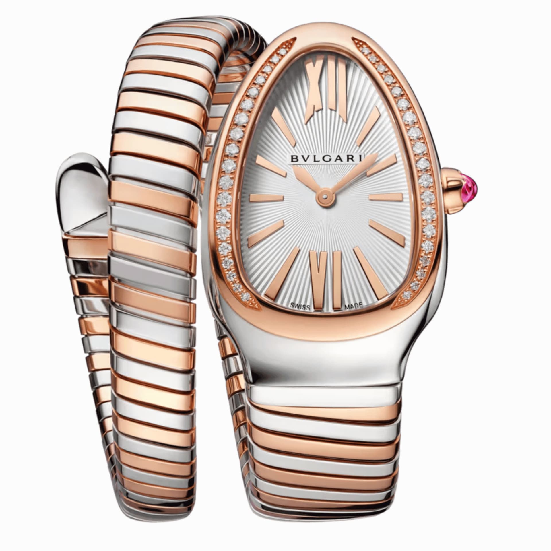 Bulgari Montre Bulgari Serpenti Tubogas quartz lunette sertie cadran blanc opalin bracelet acier et or rose 35 mm