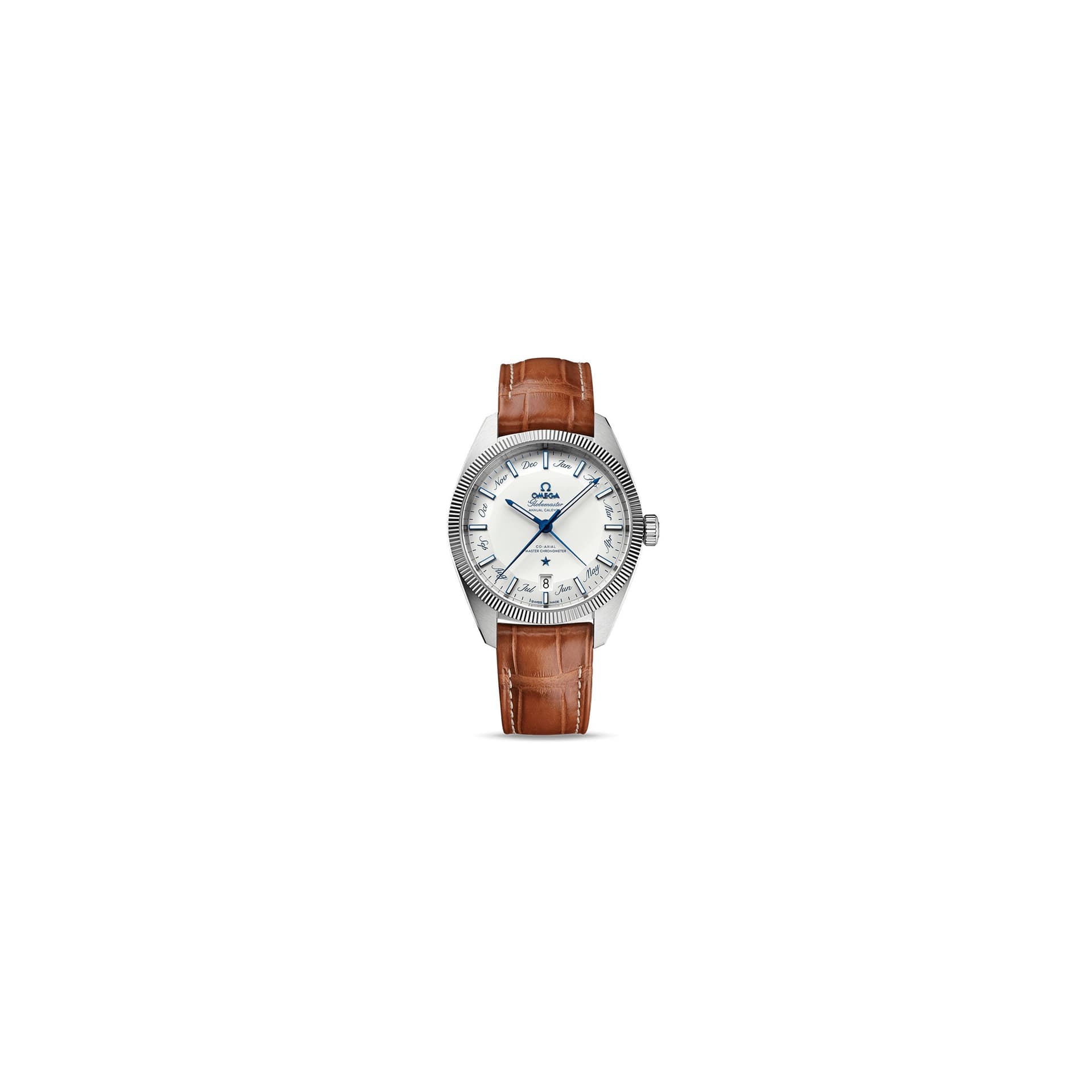 Omega Montre Omega Constellation Globemaster Co-Axial Master Chronometer calendrier annuel cadran argent bracelet cuir marron 41 mm