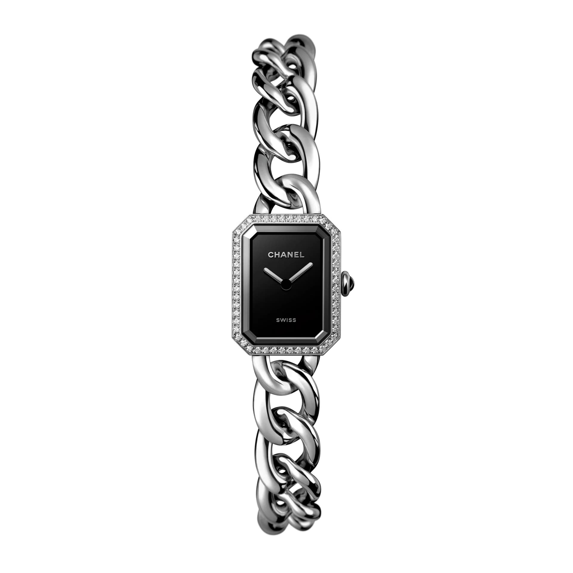 Chanel Montre CHANEL Première Chaîne Gourmette quartz cadran laqué noir lunette sertie Petit modèle
